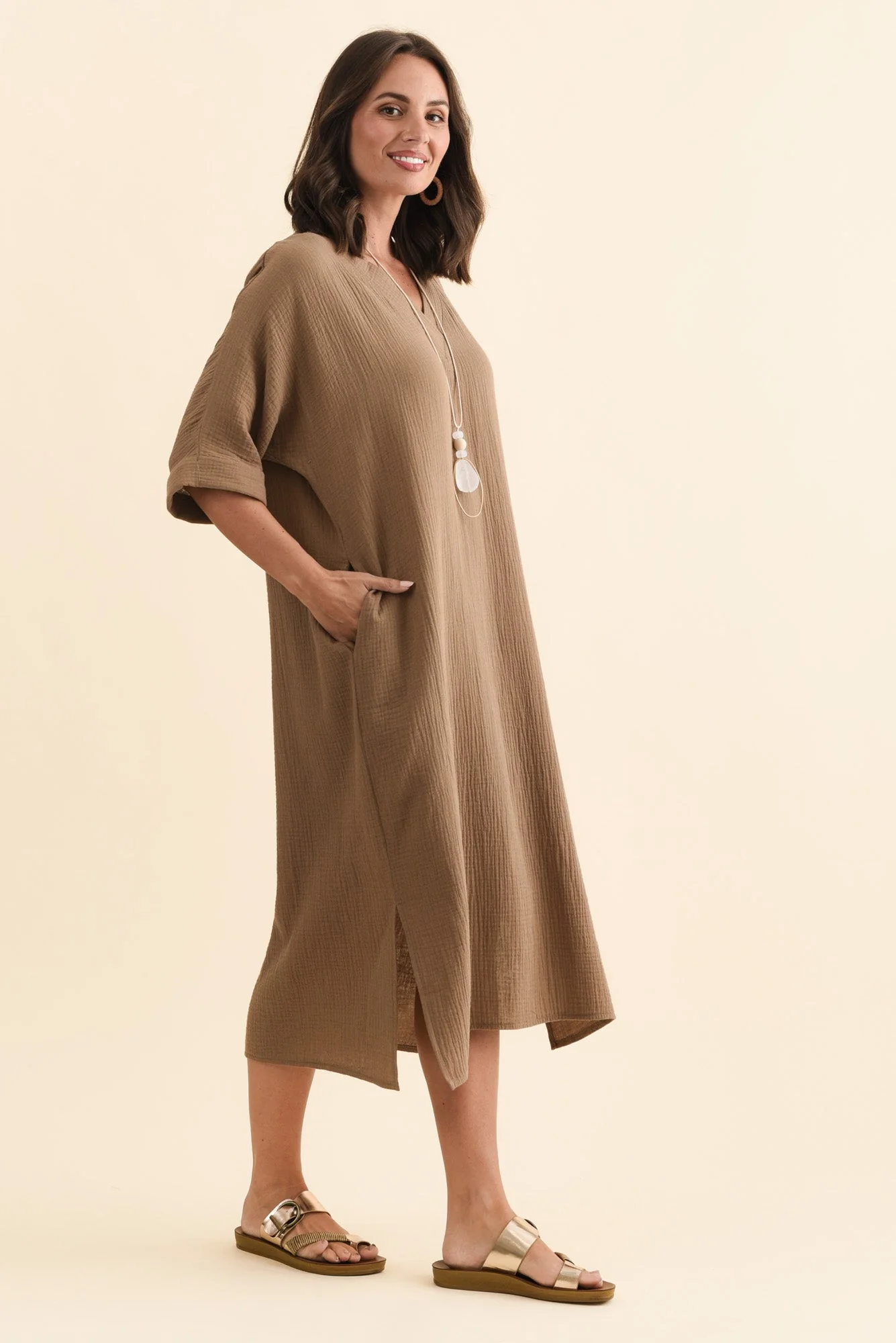 Roma Mocha Cotton Cheesecloth Dress - Image 3