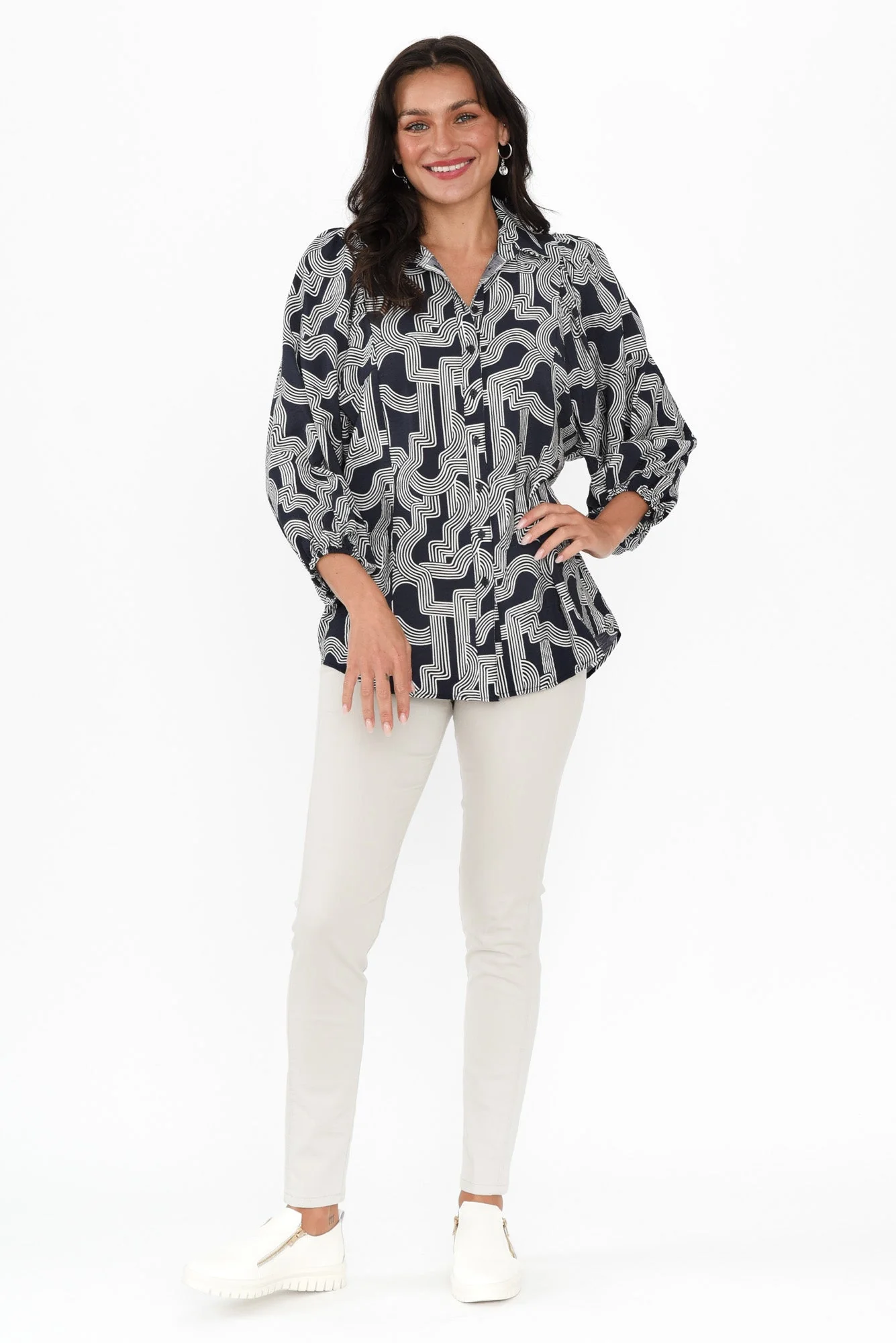 Rosalind Navy Geo Collared Shirt - Image 3