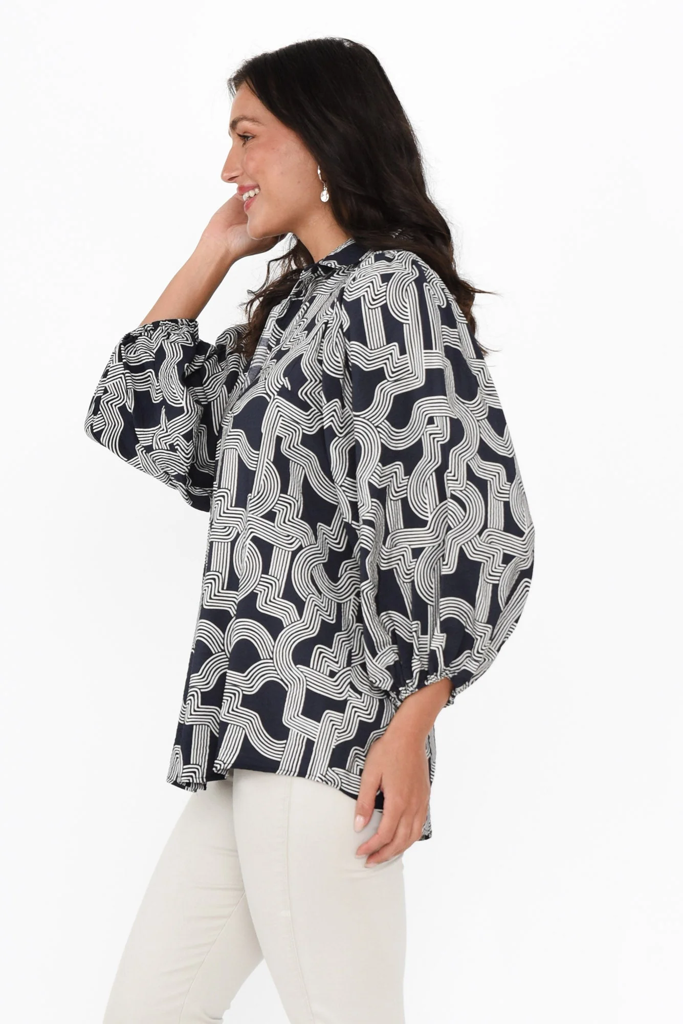 Rosalind Navy Geo Collared Shirt - Image 4