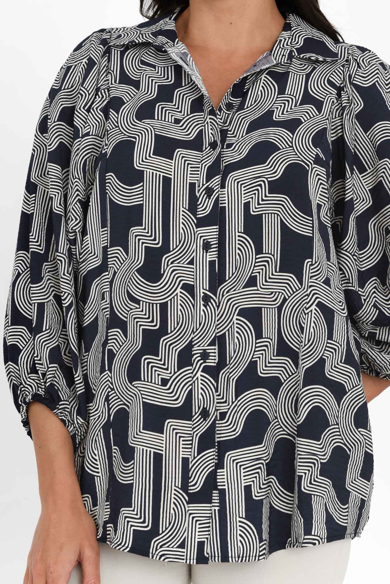 Rosalind Navy Geo Collared Shirt - Image 6