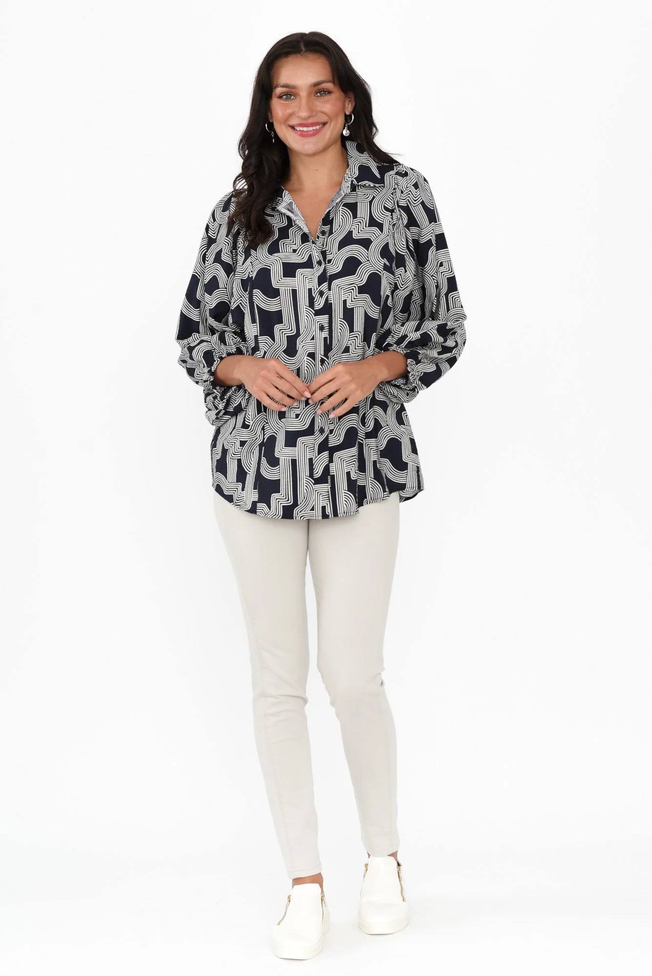 Rosalind Navy Geo Collared Shirt - Image 7