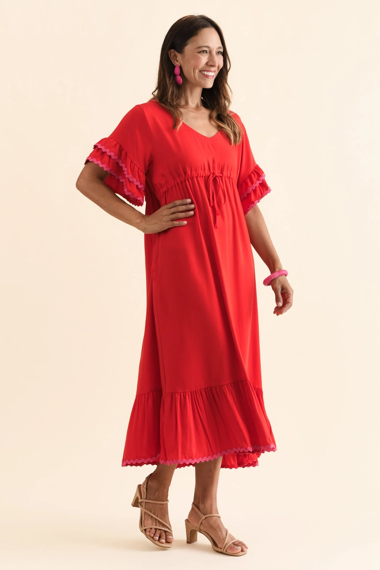 Rosemarie Red Contrast Frill Dress - Image 3