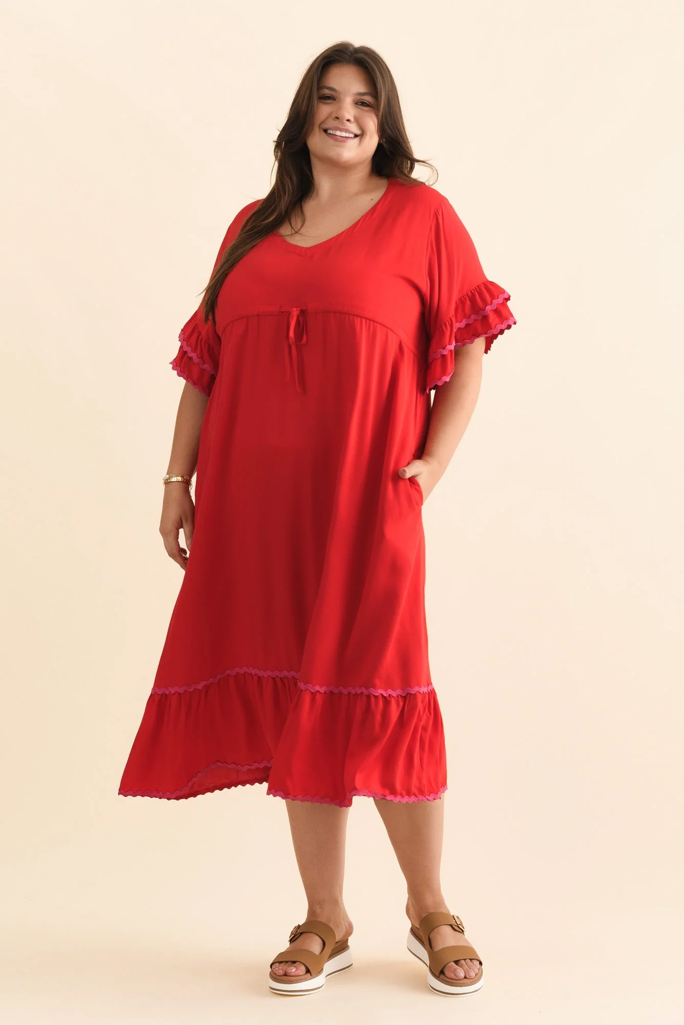 Rosemarie Red Contrast Frill Dress - Image 8