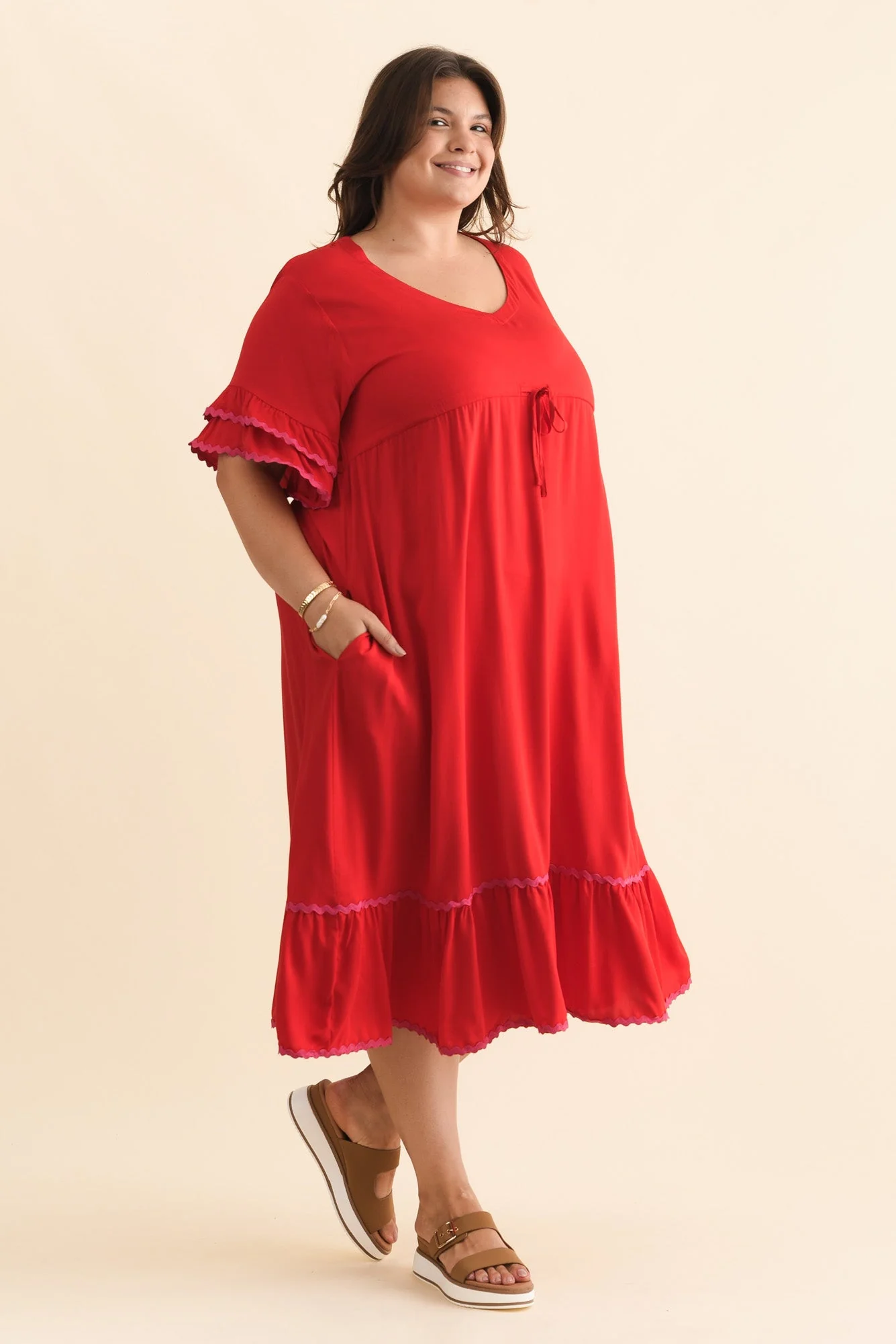 Rosemarie Red Contrast Frill Dress - Image 9