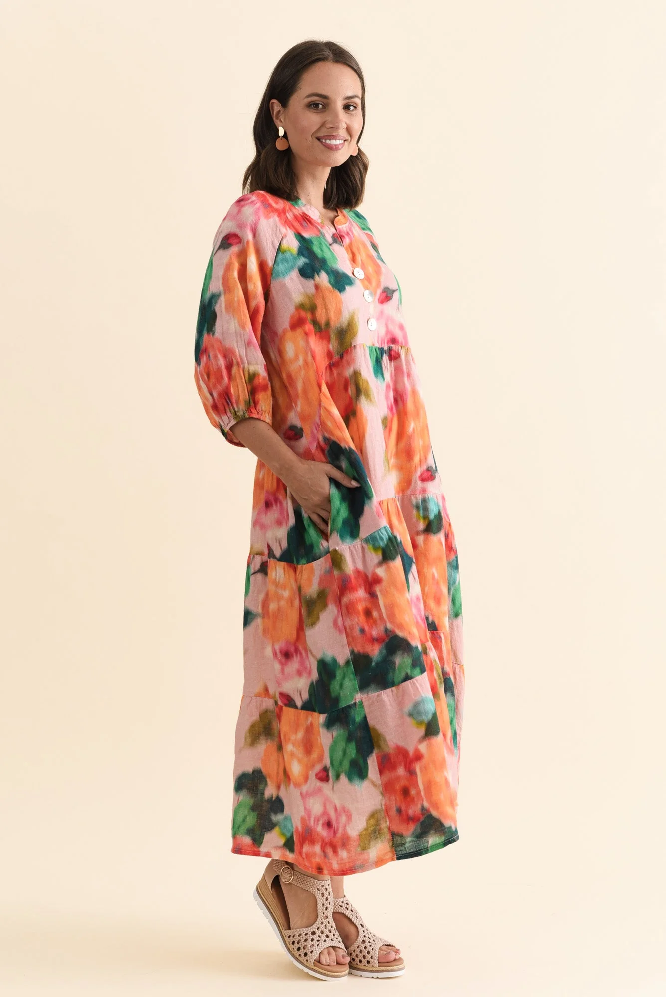 Ruthie Orange Floral Linen Button Dress - Image 3