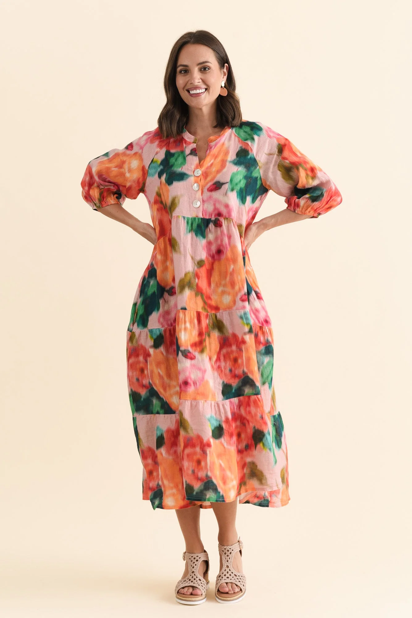 Ruthie Orange Floral Linen Button Dress - Image 6