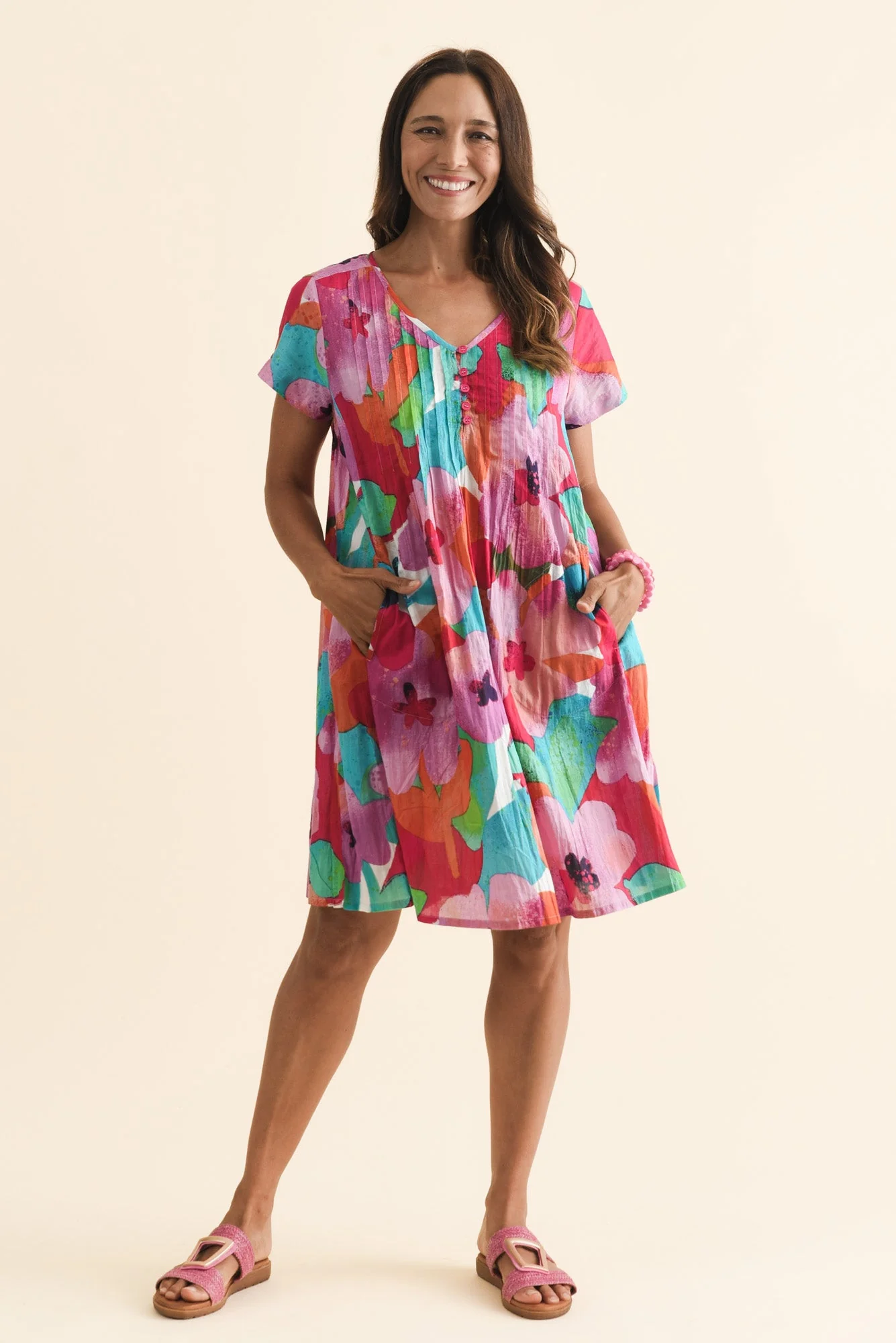 Sabina Pink Floral Crinkle Cotton Dress - Image 2