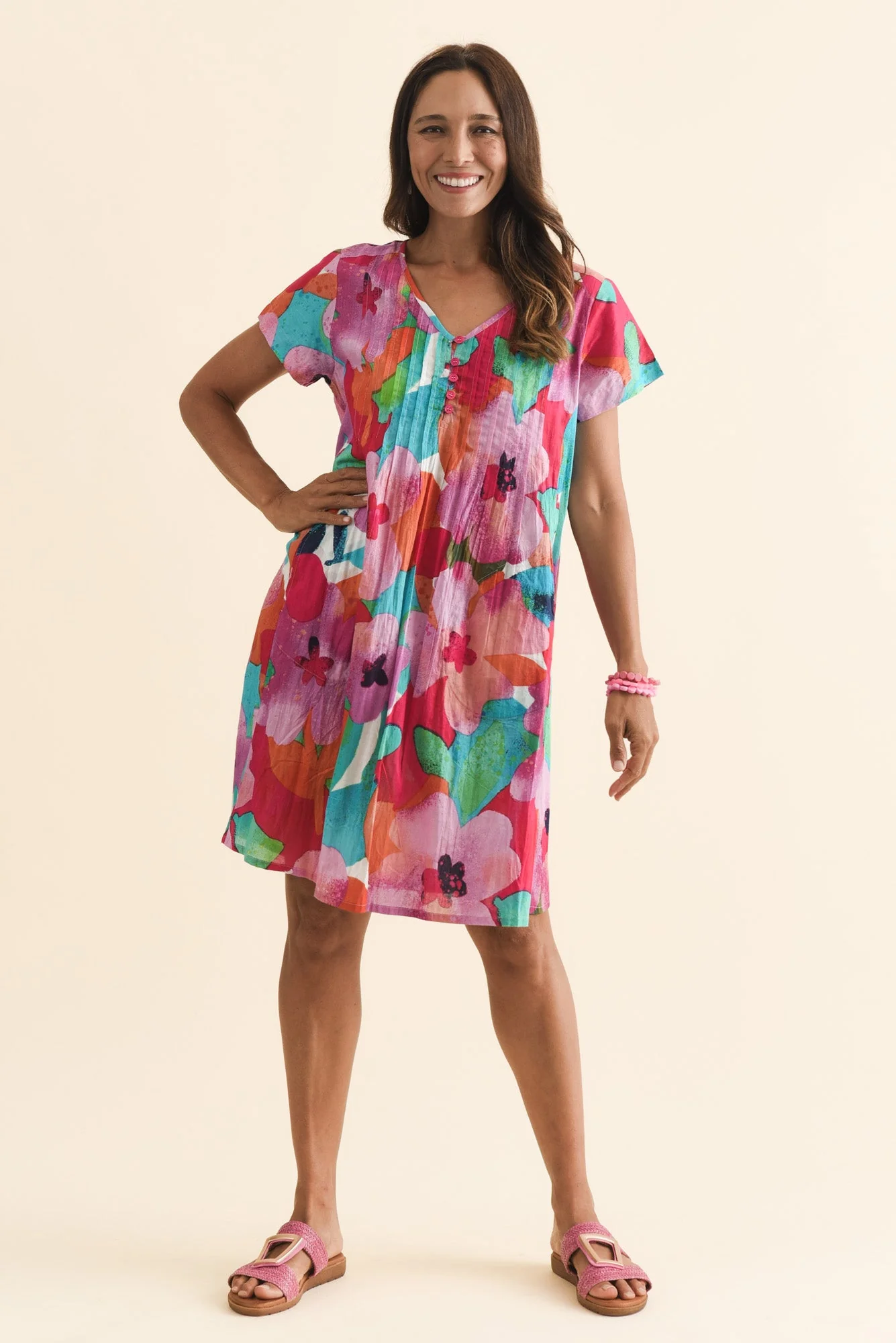 Sabina Pink Floral Crinkle Cotton Dress - Image 6