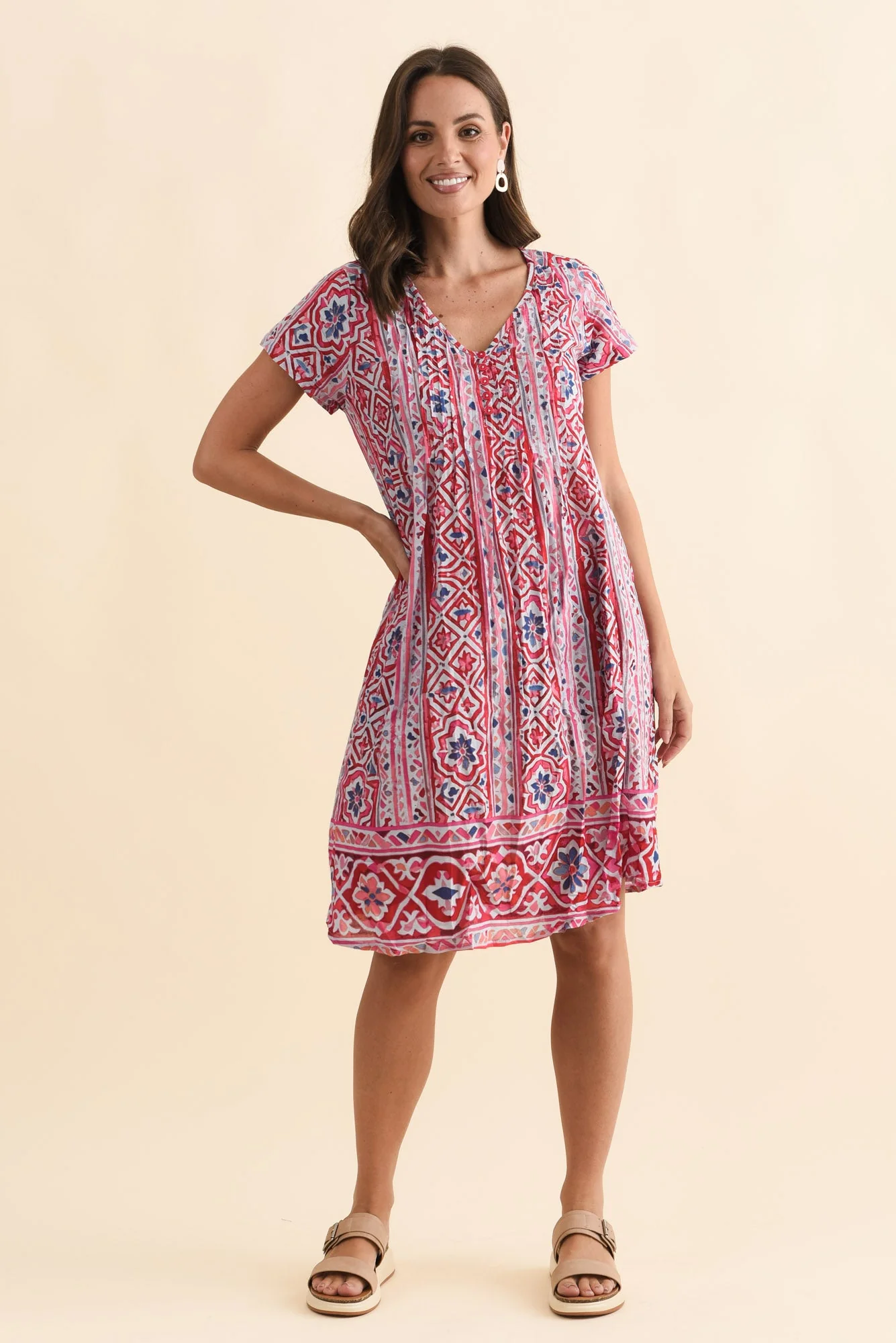 Sabina Red Abstract Crinkle Cotton Dress - Image 2