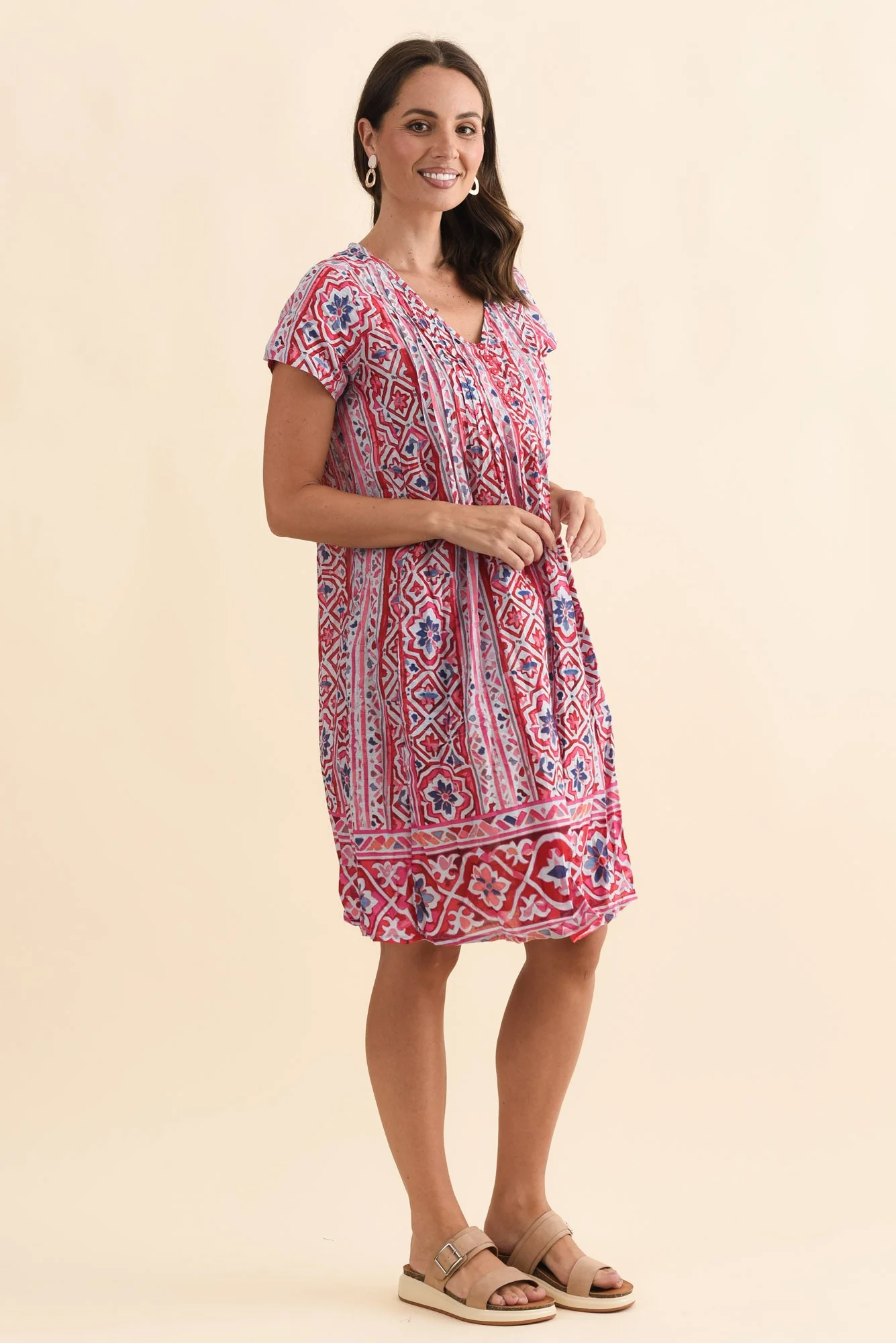 Sabina Red Abstract Crinkle Cotton Dress - Image 3