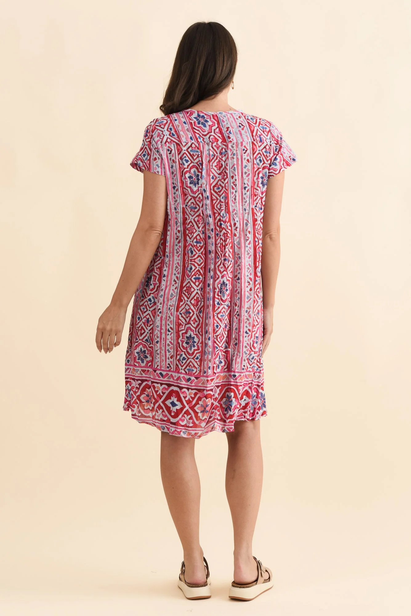 Sabina Red Abstract Crinkle Cotton Dress - Image 4