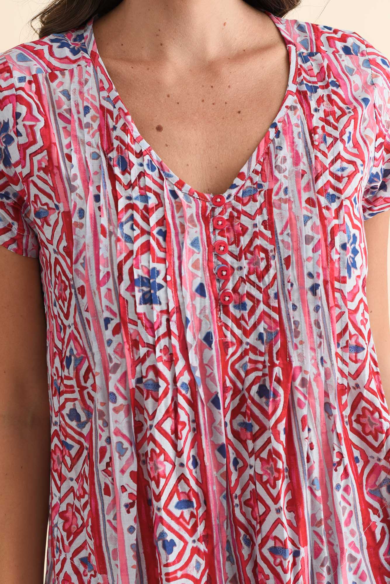 Sabina Red Abstract Crinkle Cotton Dress - Image 5