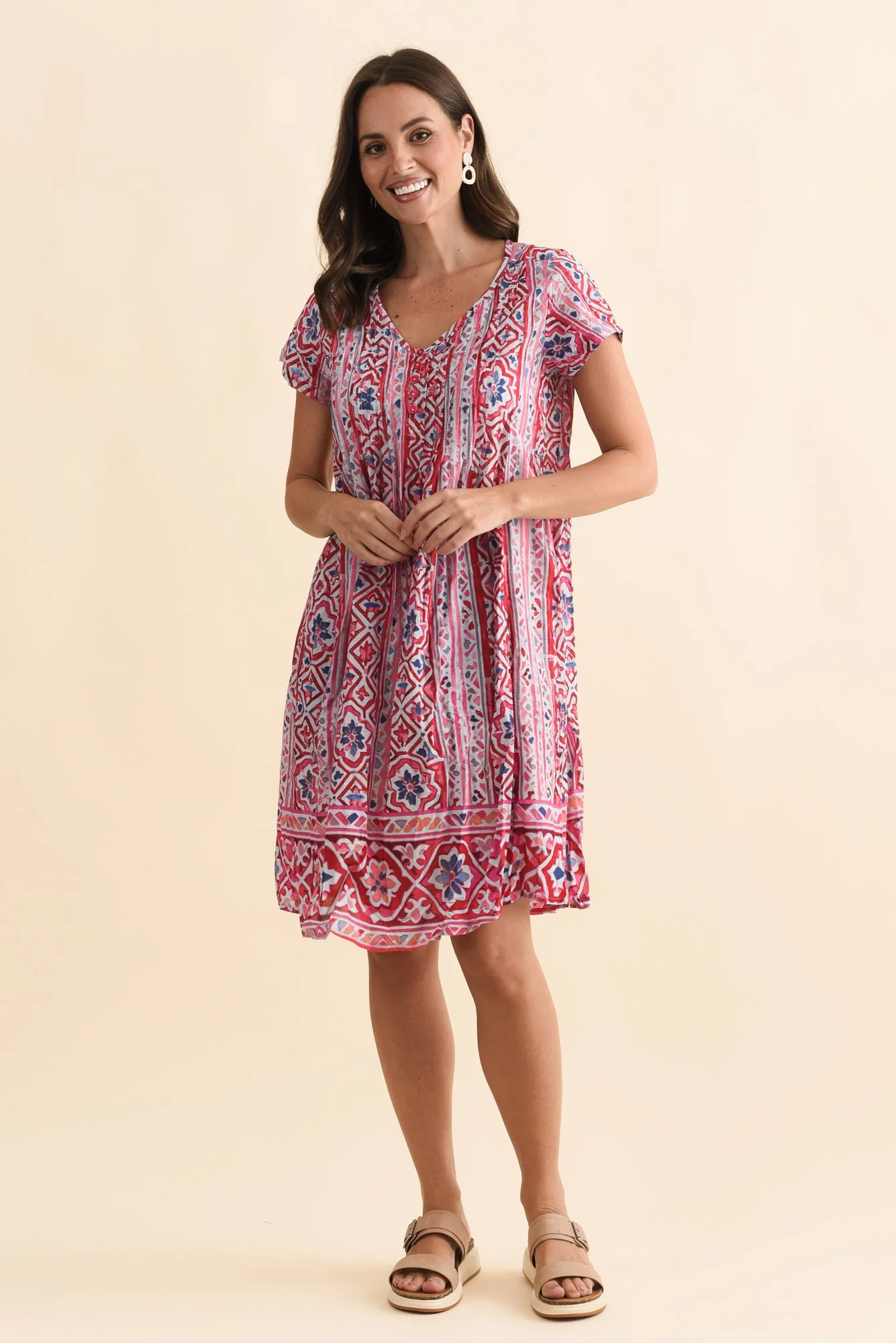 Sabina Red Abstract Crinkle Cotton Dress - Image 6