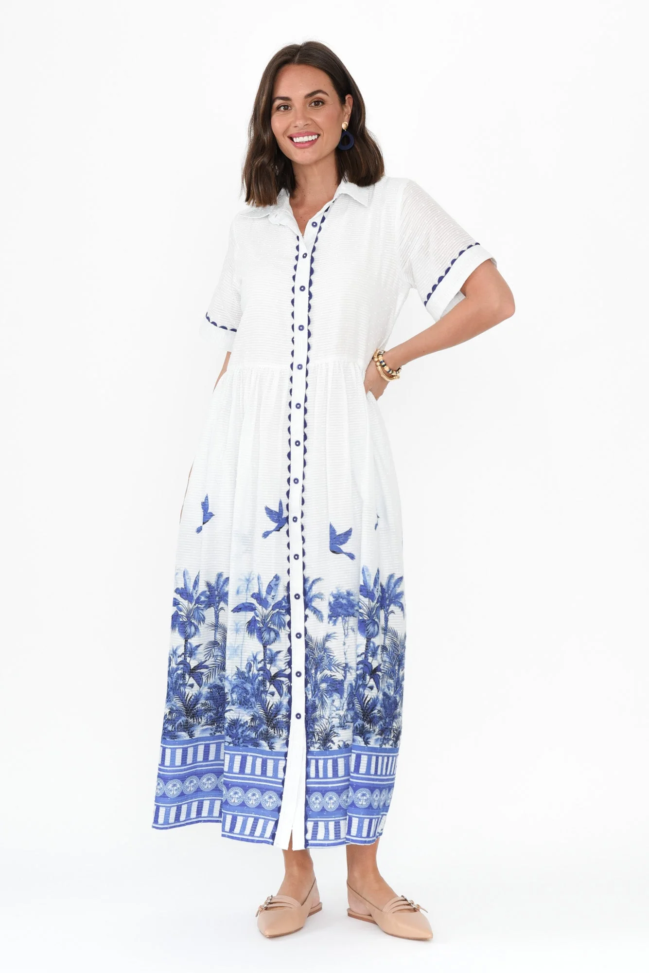 Sagara Blue Tropical Cotton Tie Dress - Image 3