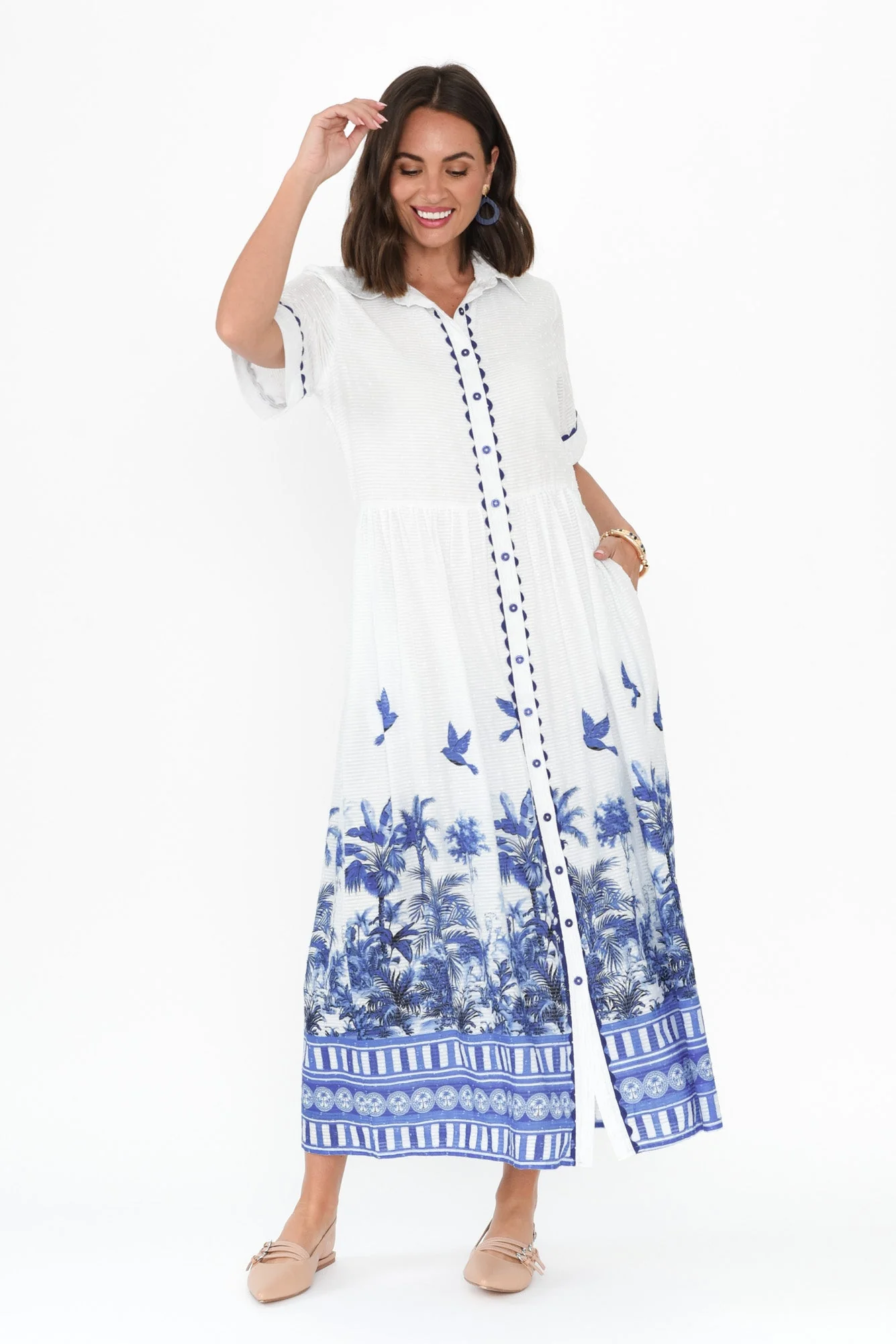 Sagara Blue Tropical Cotton Tie Dress - Image 7