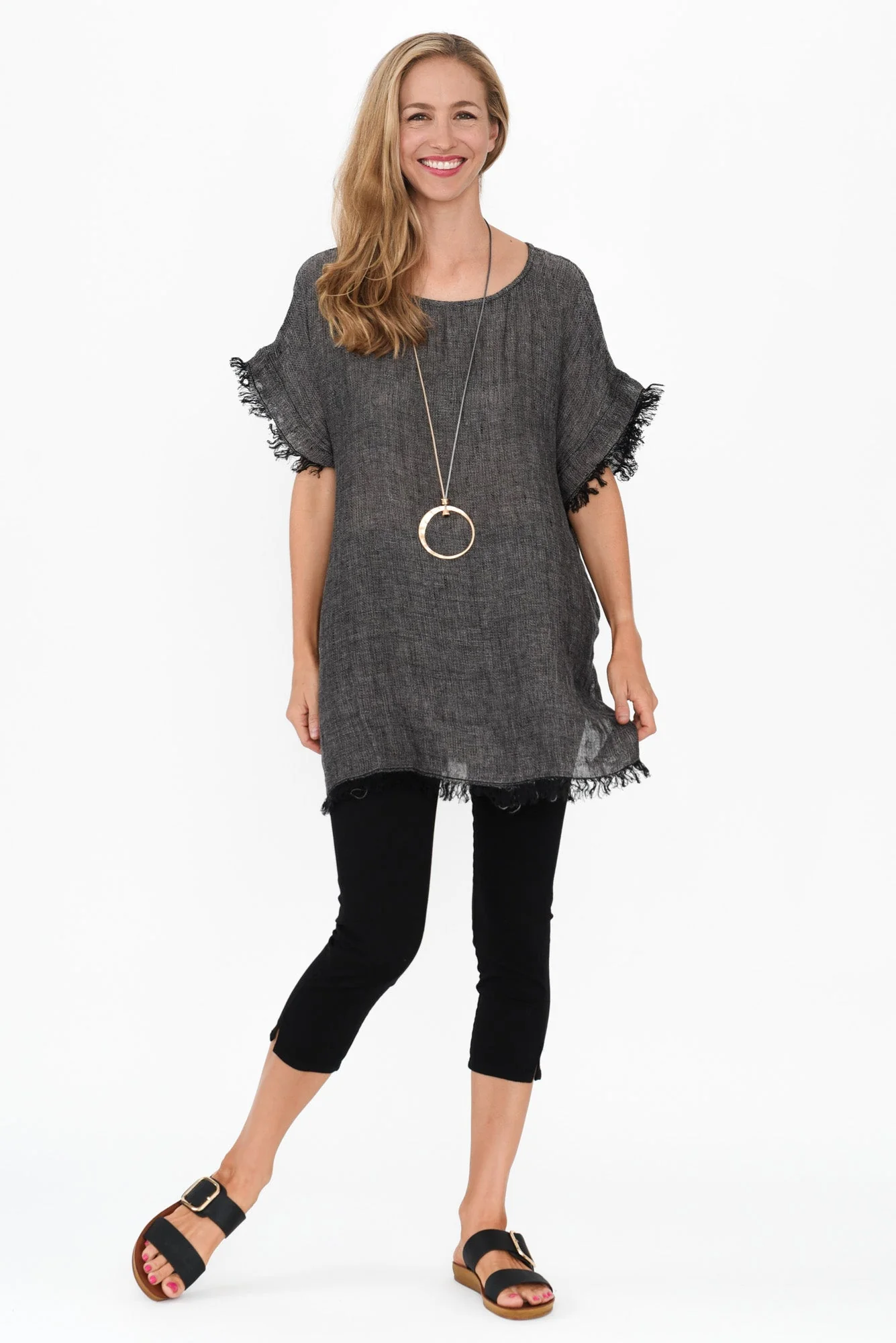 Sancia Charcoal Linen Frayed Top - Image 2