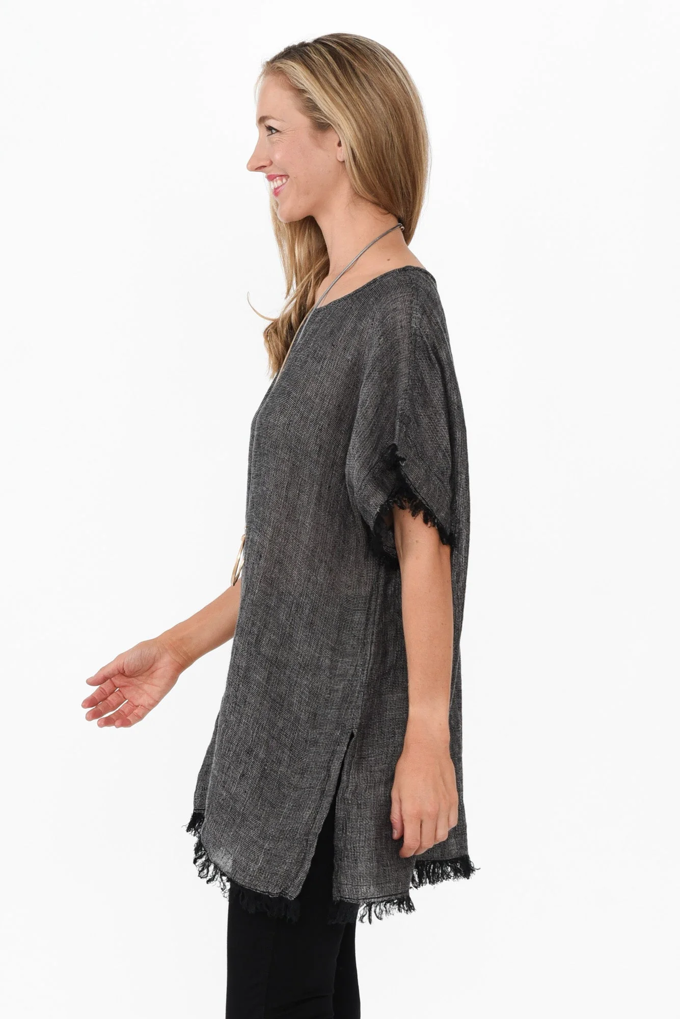 Sancia Charcoal Linen Frayed Top - Image 3