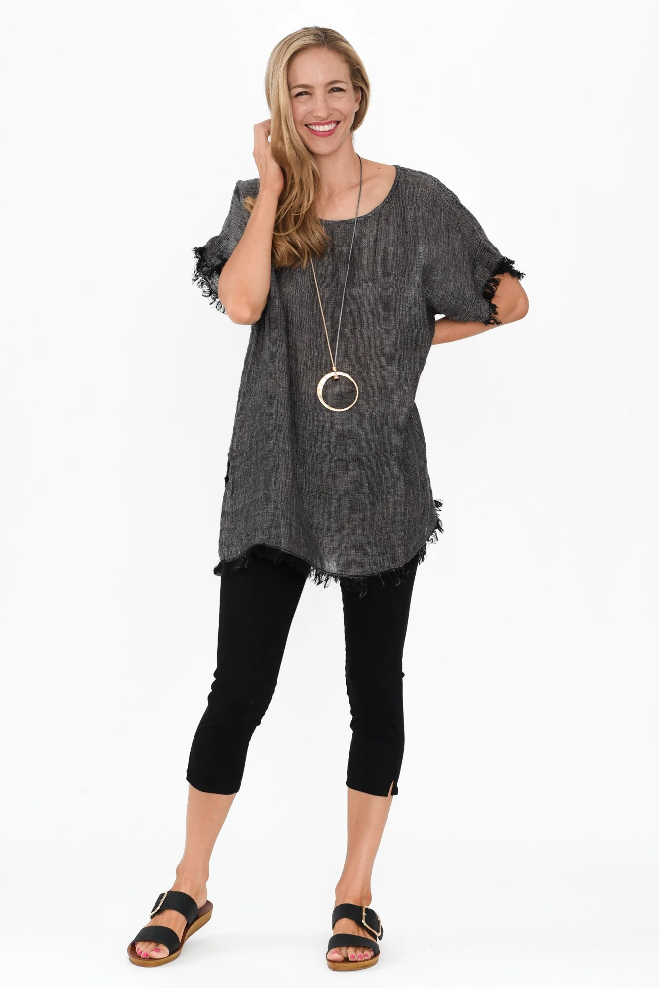 Sancia Charcoal Linen Frayed Top - Image 6