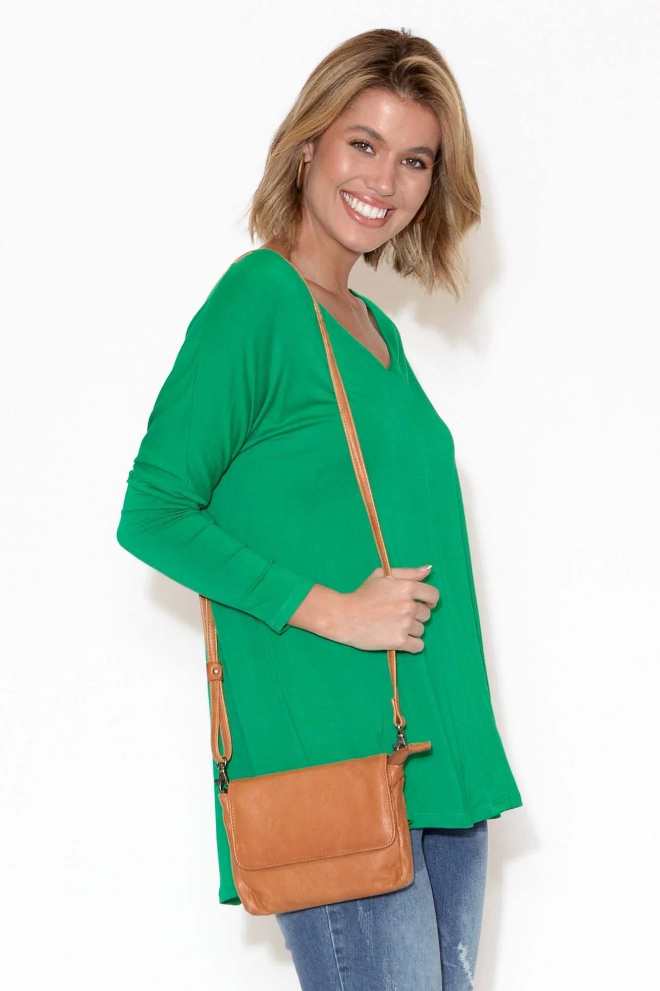 Sara Tan Leather Crossbody Bag - Image 2