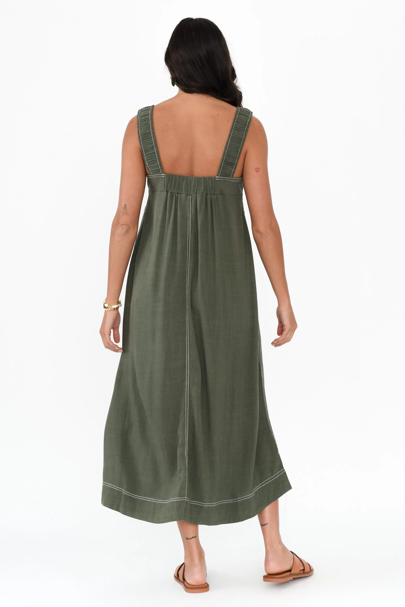 Saylor Khaki Contrast Linen Blend Dress - Image 5