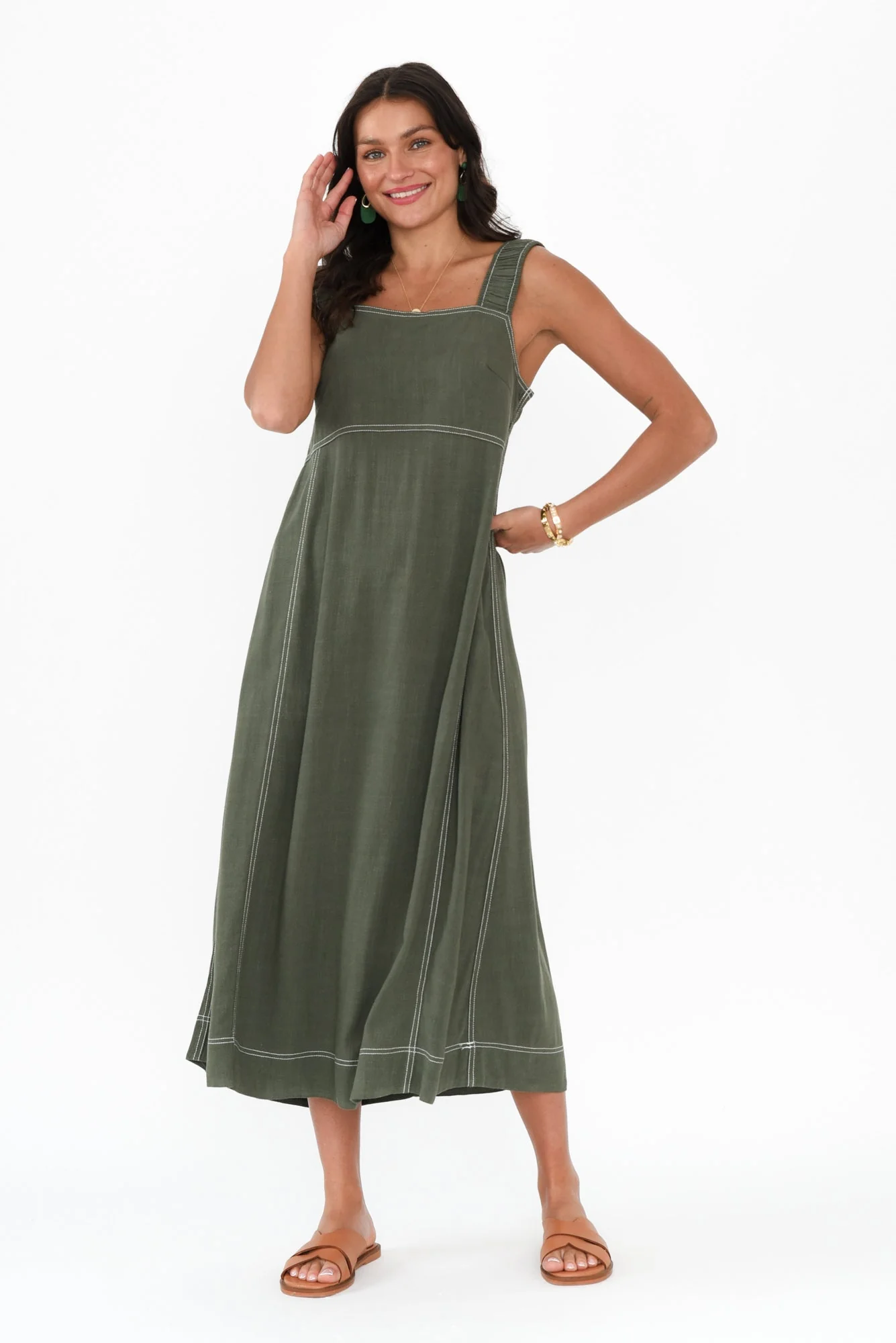 Saylor Khaki Contrast Linen Blend Dress - Image 7