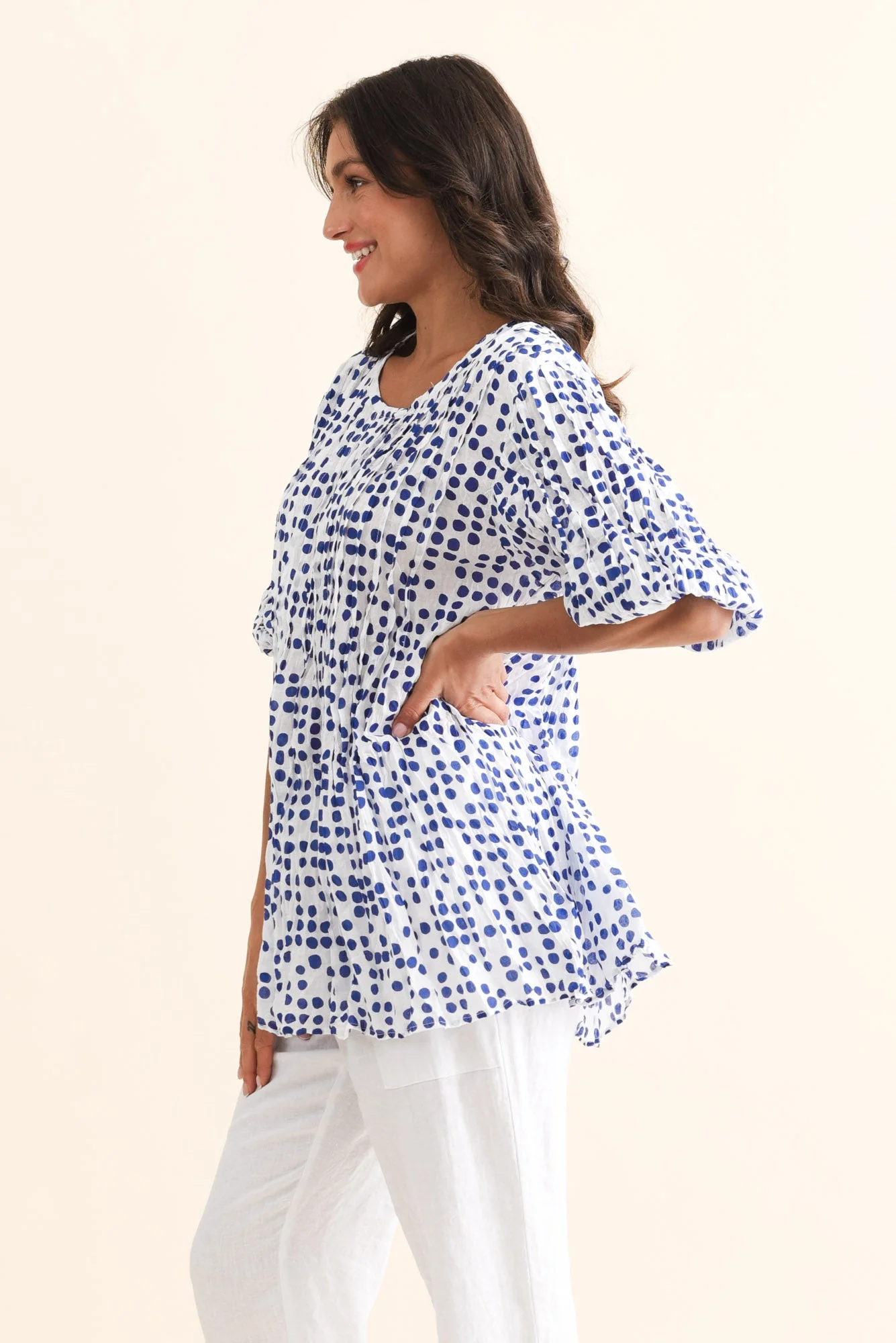 Selma Blue Confetti Crinkle Cotton Top - Image 4