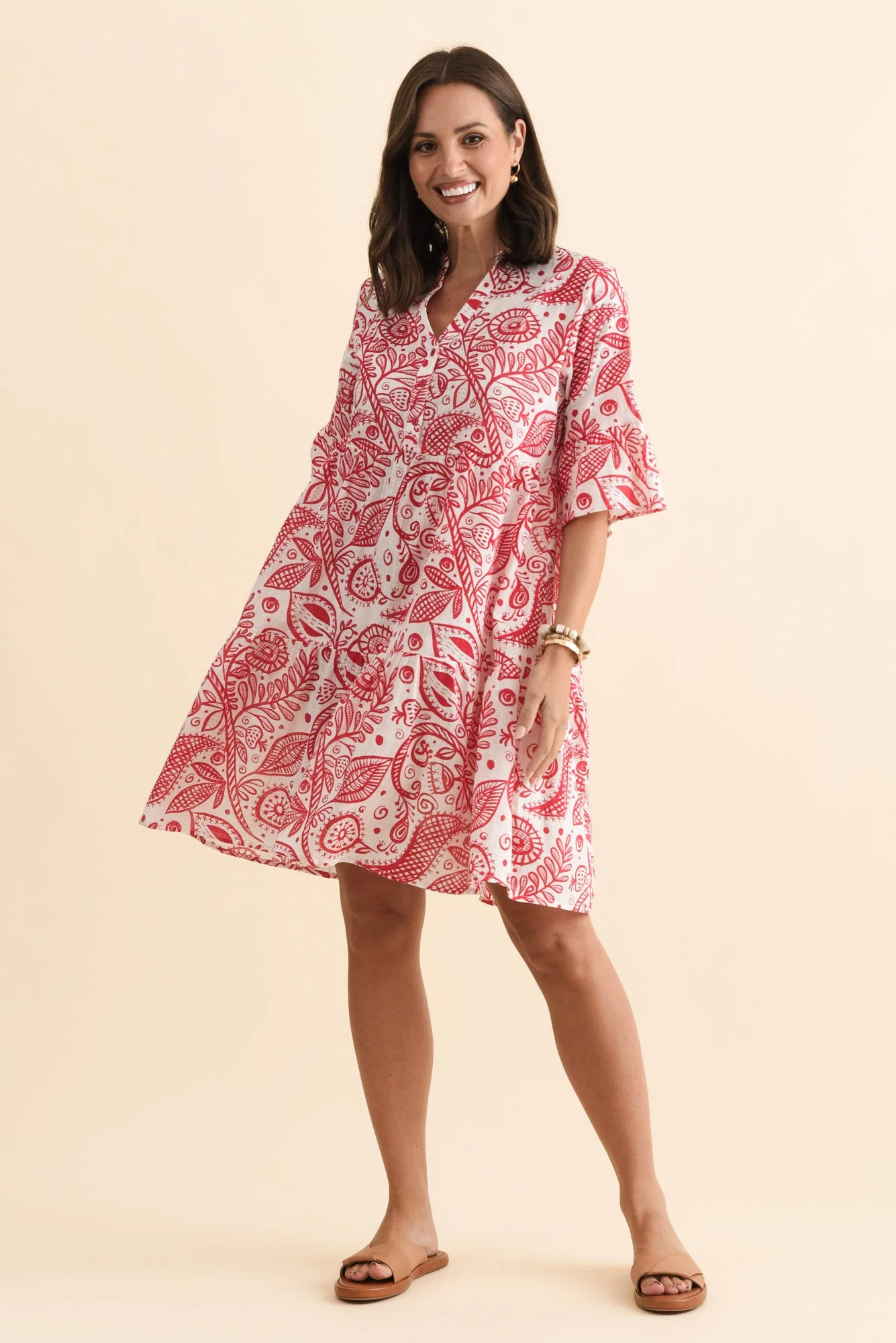 Senna Red Abstract Cotton Dress - Image 2