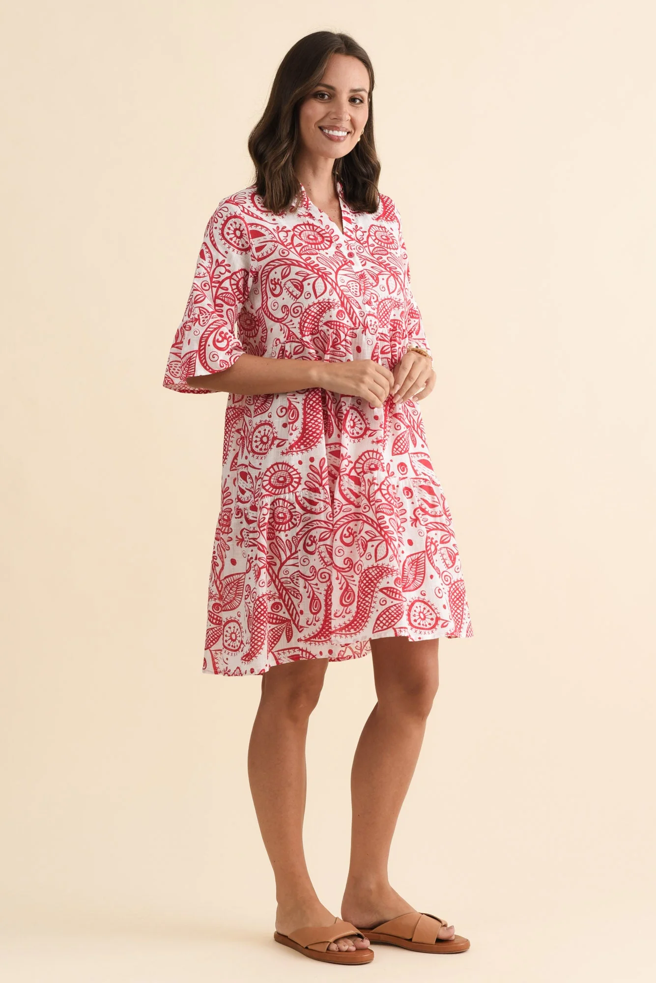 Senna Red Abstract Cotton Dress - Image 3