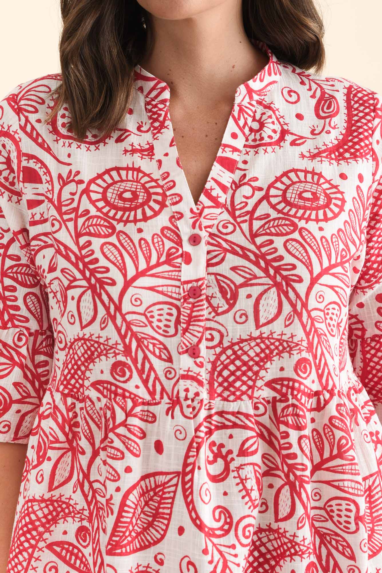 Senna Red Abstract Cotton Dress - Image 5