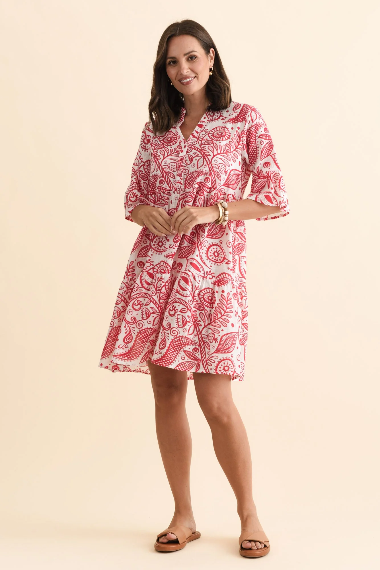 Senna Red Abstract Cotton Dress - Image 6