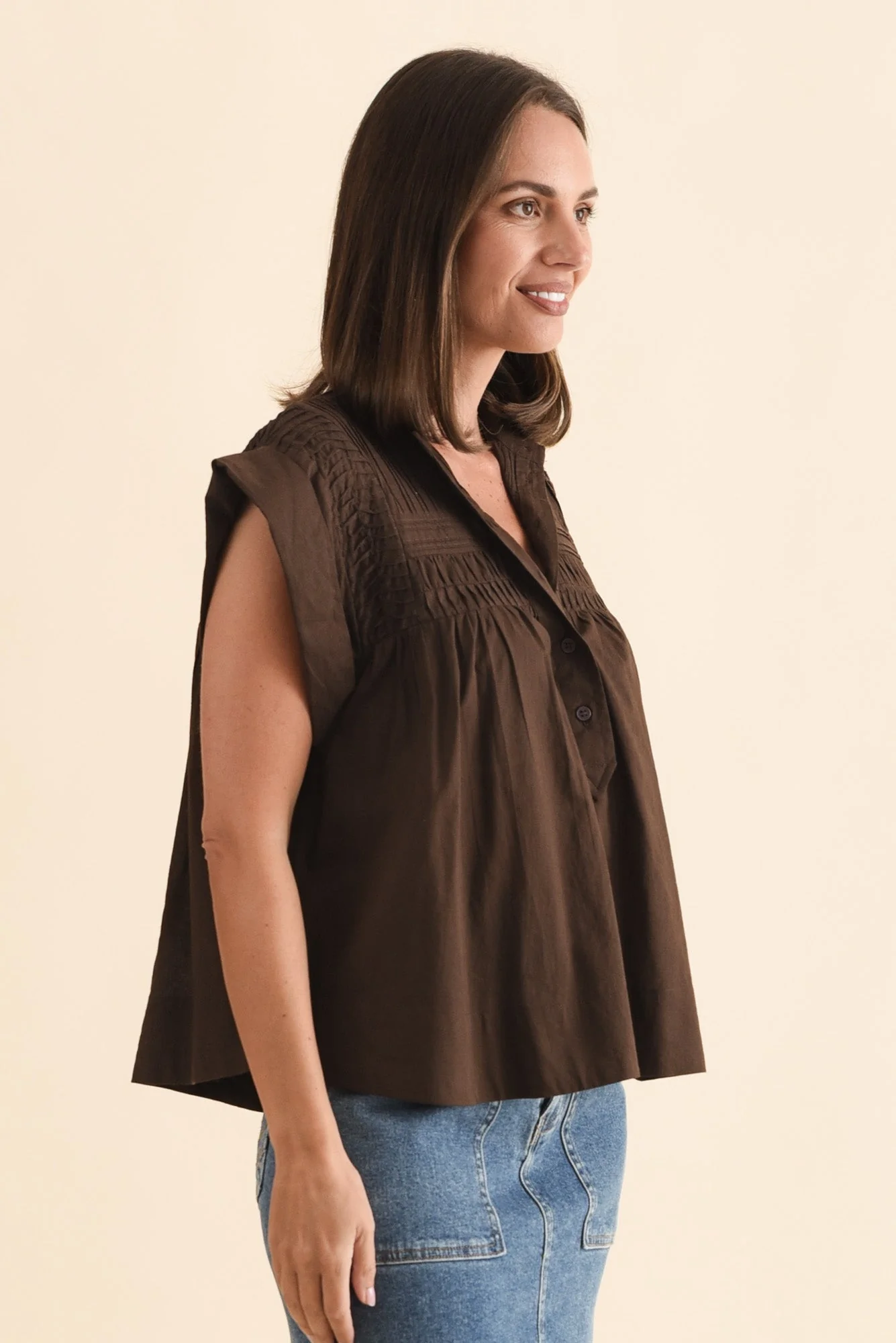 Sharlie Chocolate Cotton Button Top - Image 3