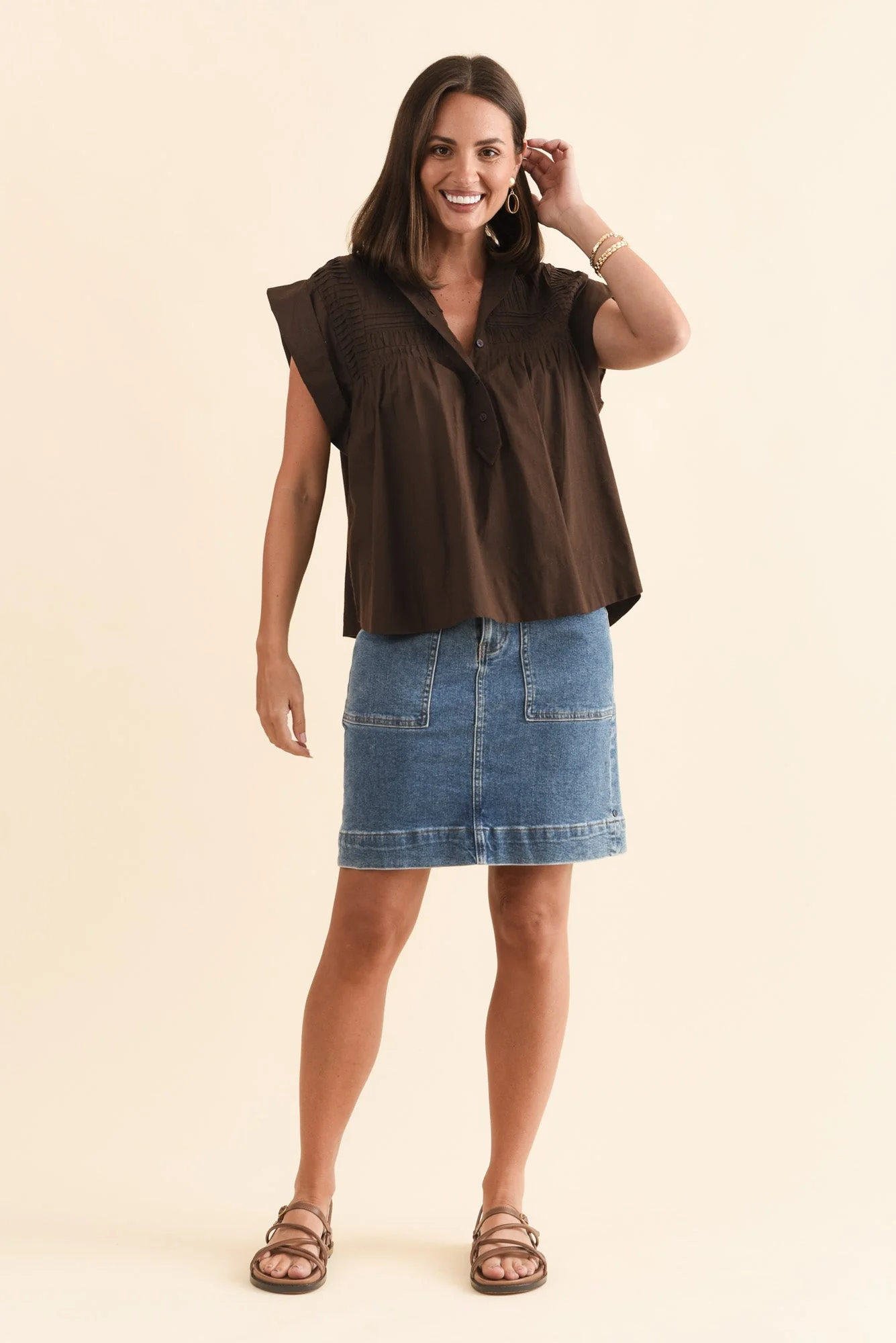 Sharlie Chocolate Cotton Button Top - Image 6