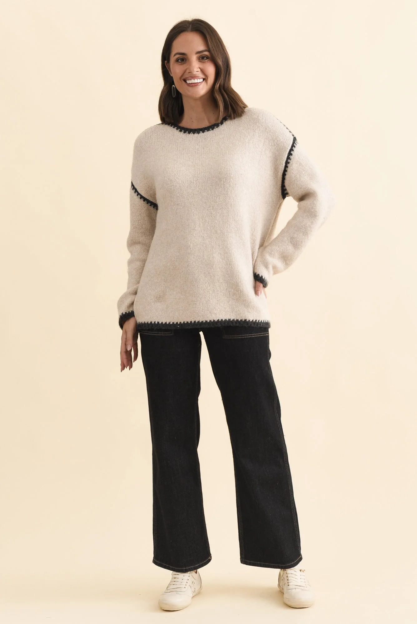 Simba Beige Contrast Knit Jumper - Image 6