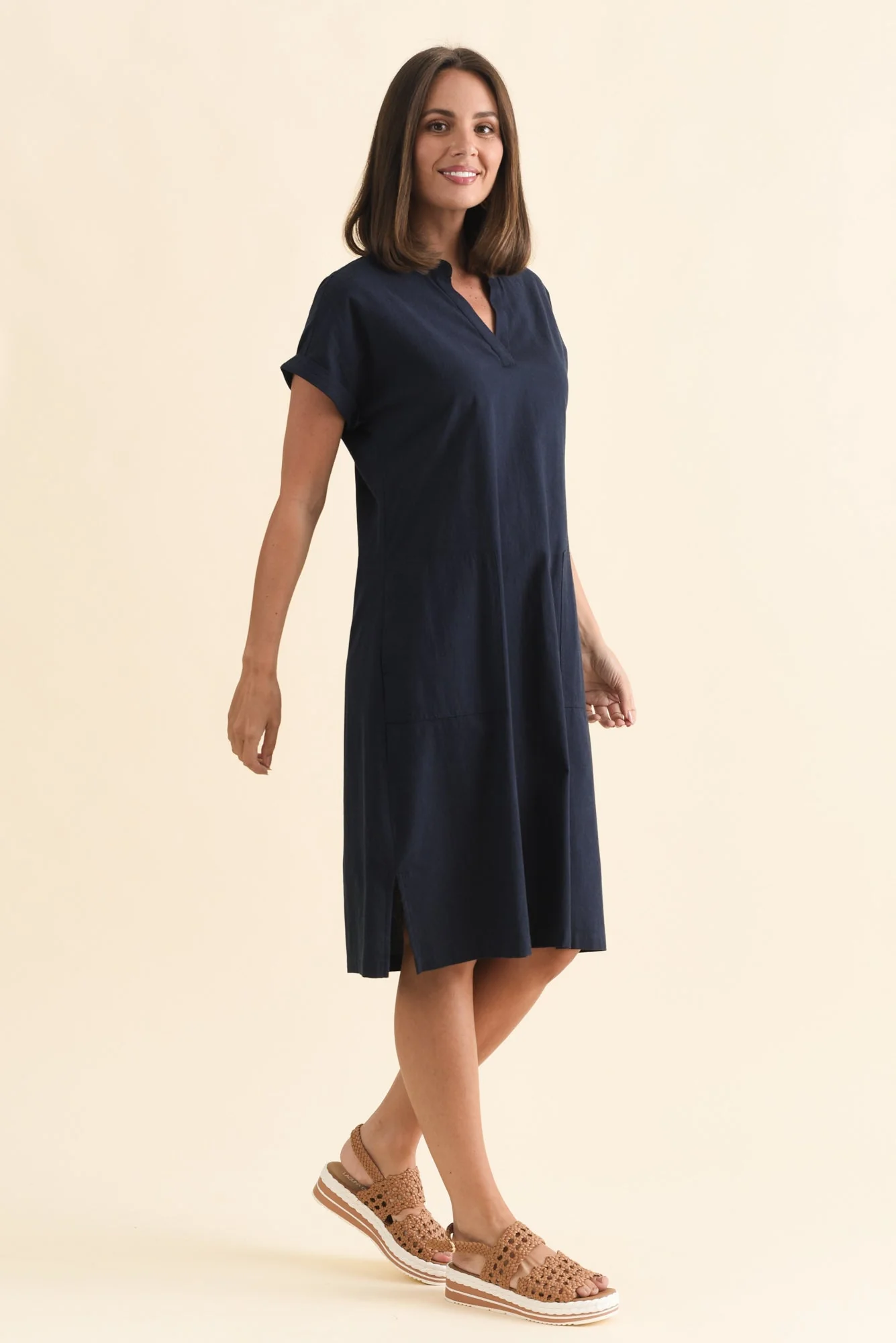 Sommer Navy Cotton Blend V Neck Dress - Image 3