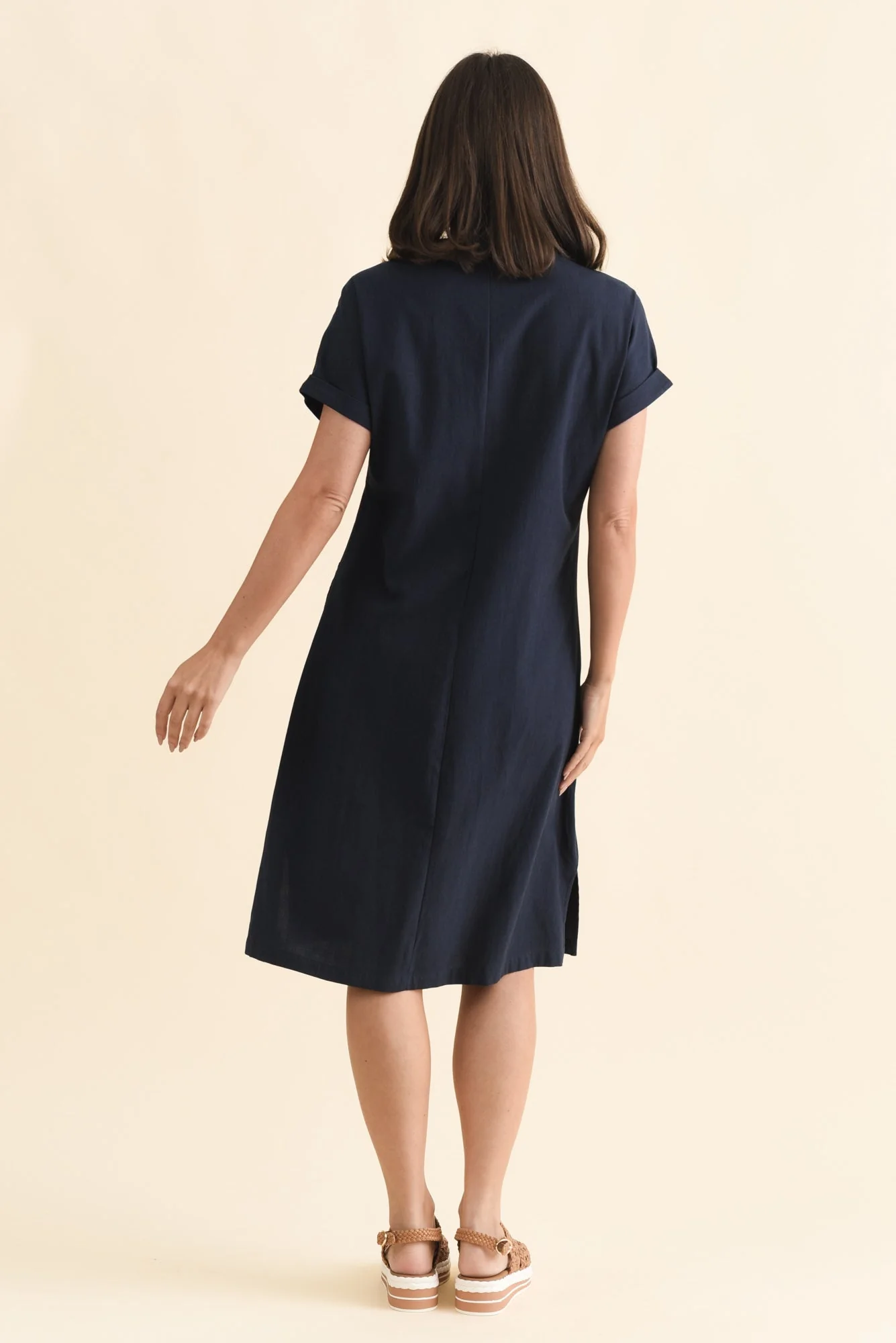 Sommer Navy Cotton Blend V Neck Dress - Image 4