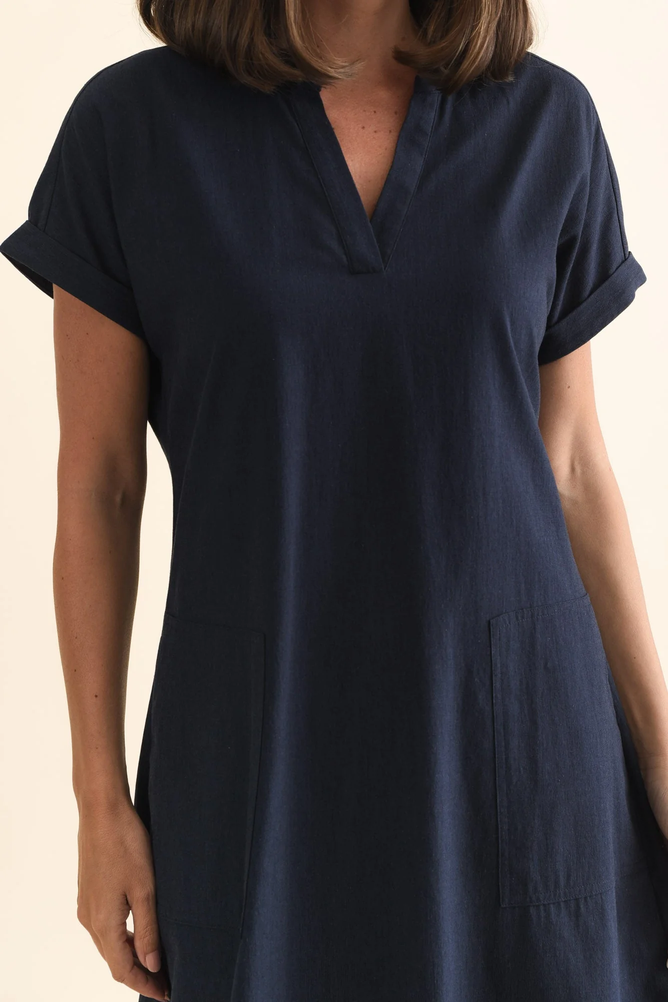 Sommer Navy Cotton Blend V Neck Dress - Image 5