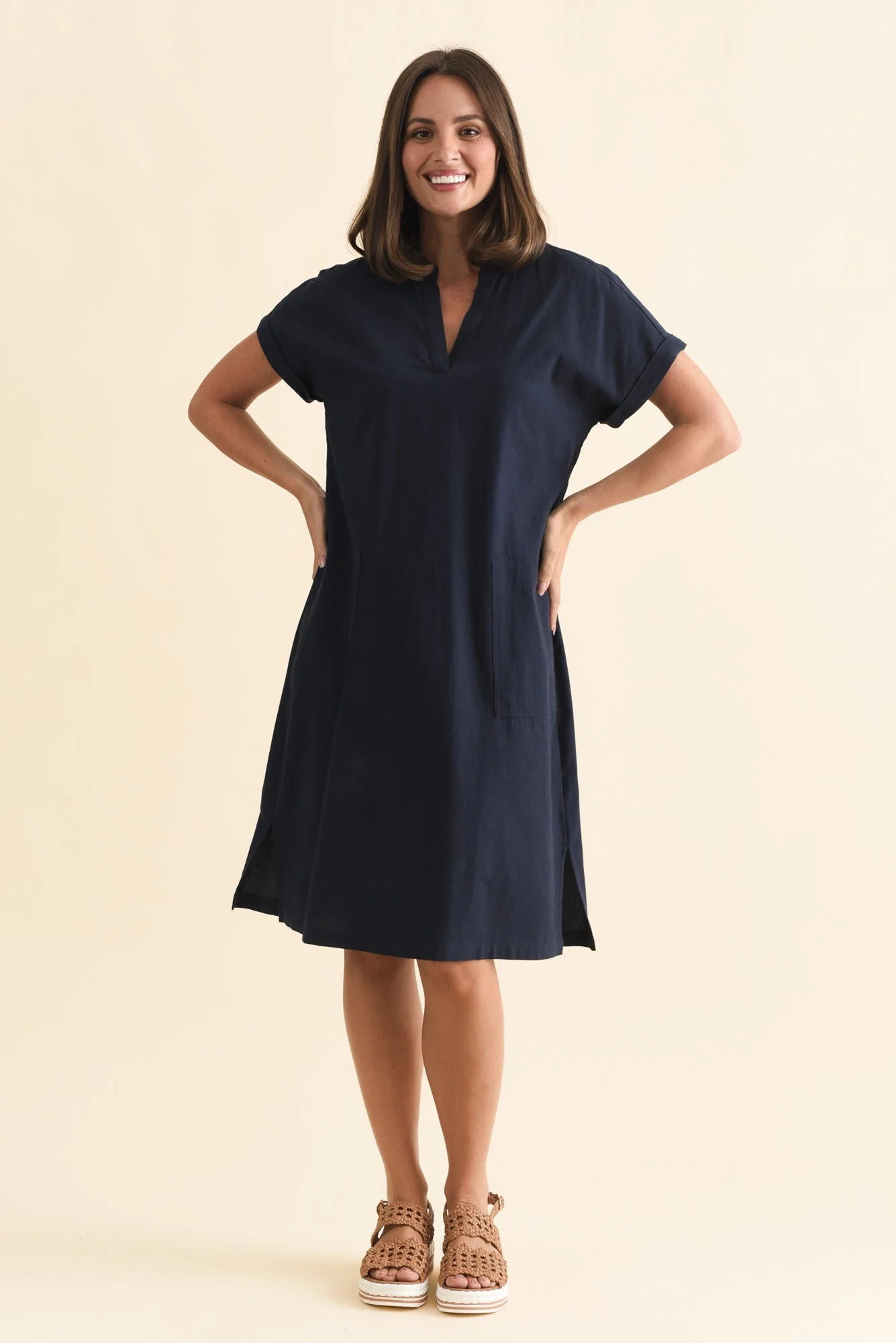 Sommer Navy Cotton Blend V Neck Dress - Image 6