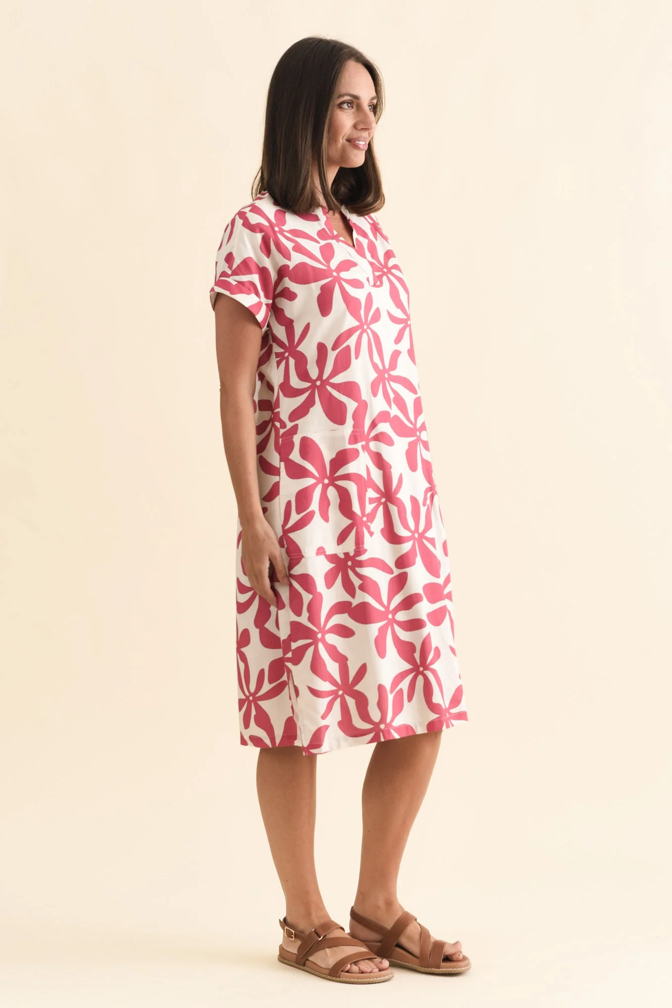 Sommer Red Abstract Cotton Blend V Neck Dress - Image 3