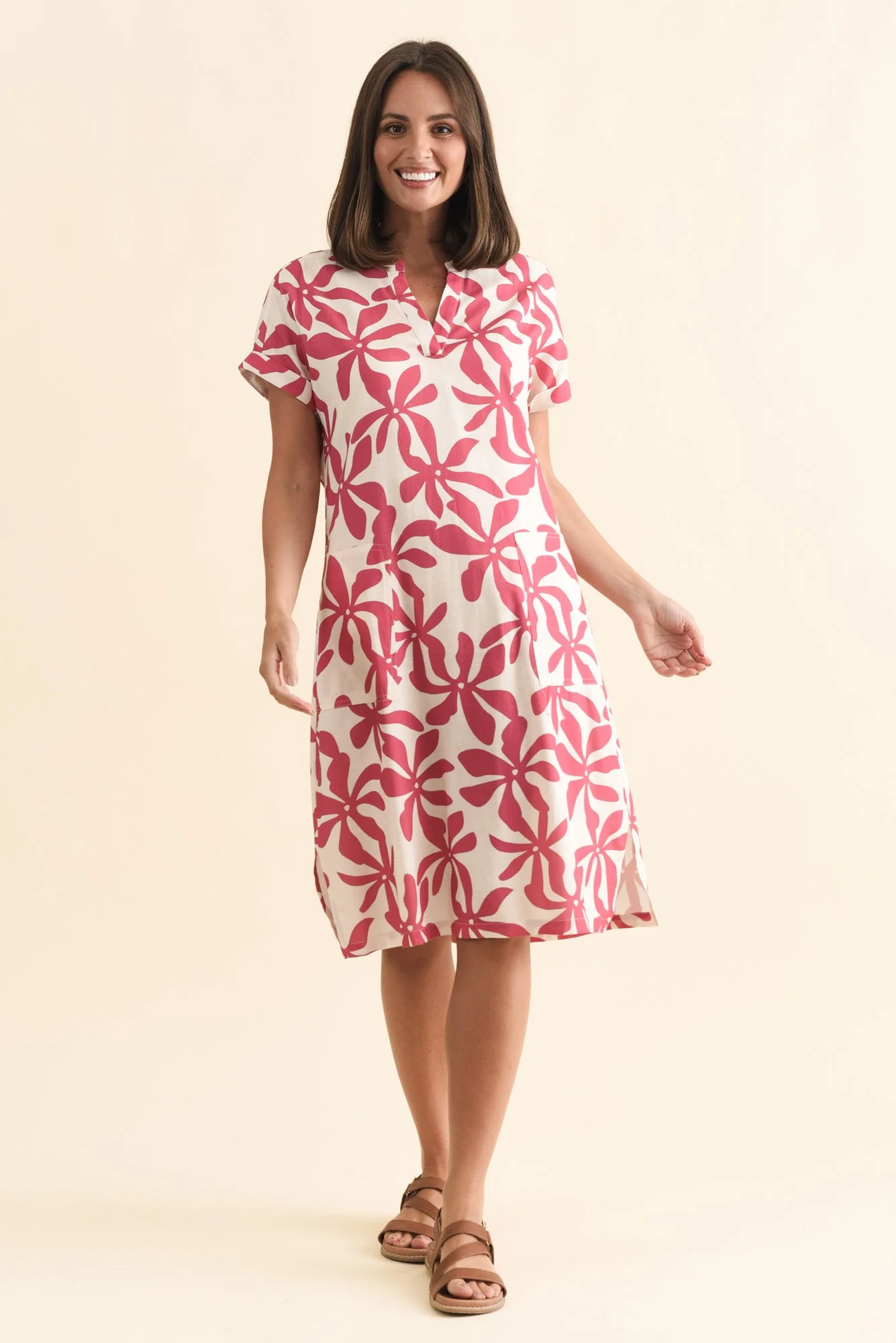 Sommer Red Abstract Cotton Blend V Neck Dress - Image 6