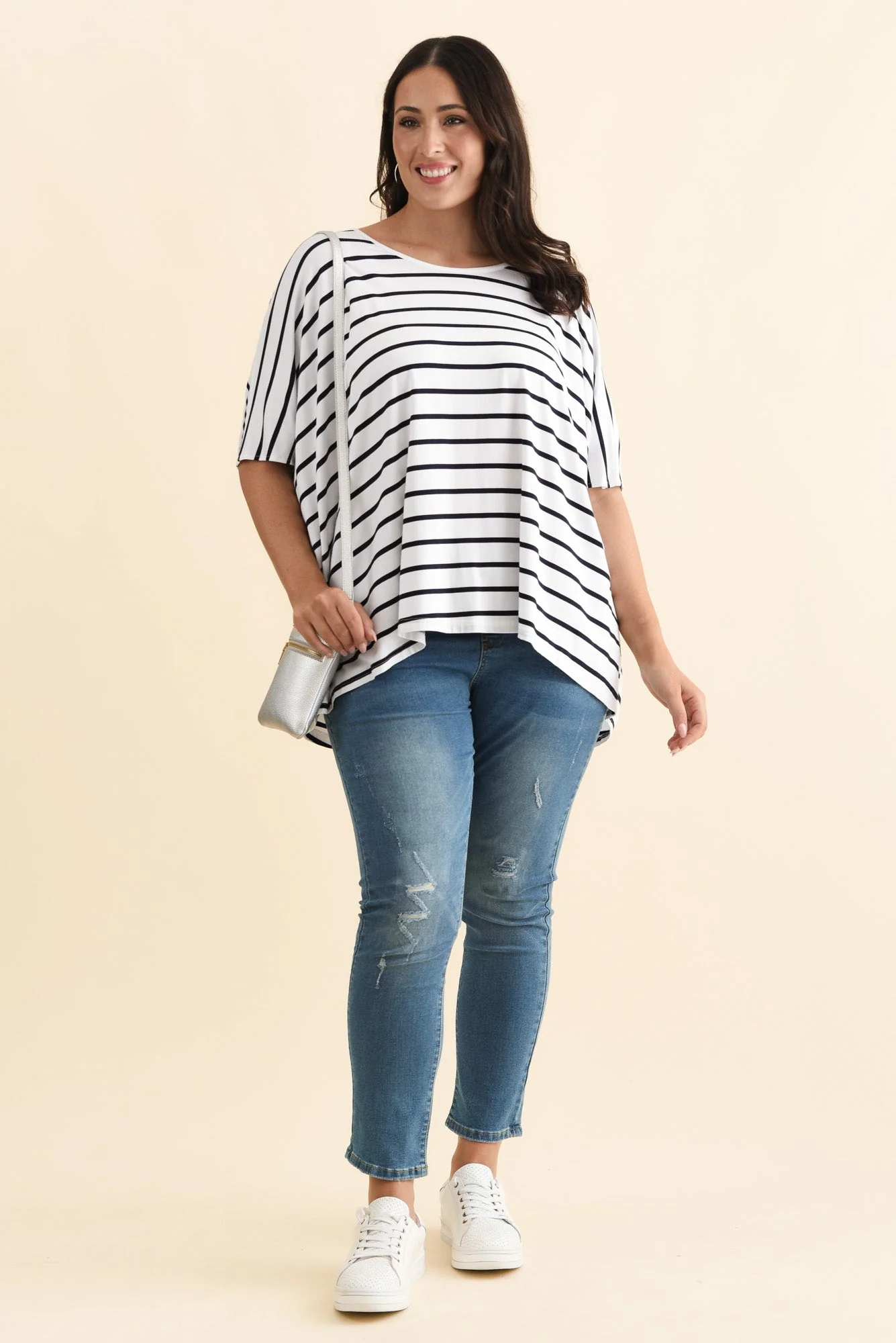 Sorronda White Stripe Bamboo Batwing Top - Image 10