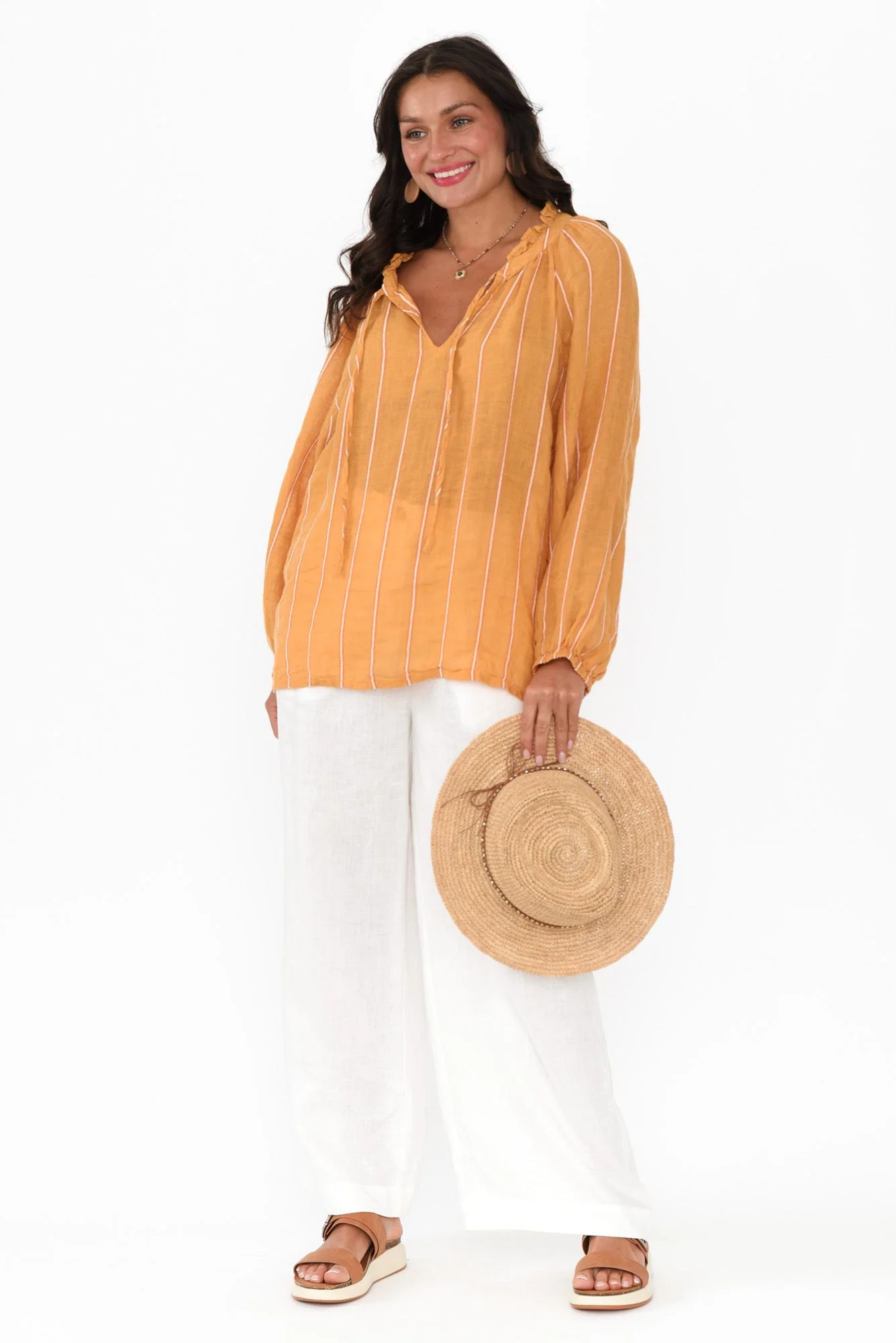 Sussana Mustard Stripe Linen Tie Top - Image 2