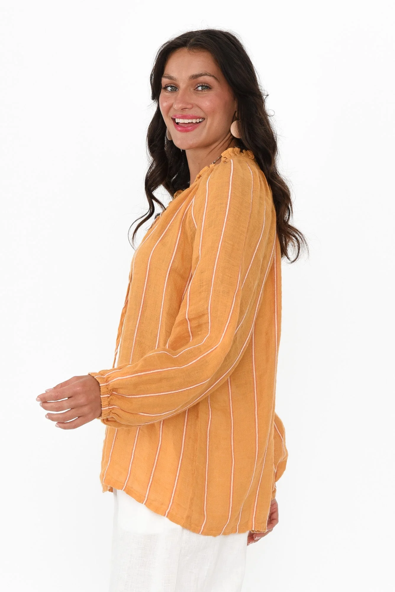 Sussana Mustard Stripe Linen Tie Top - Image 3