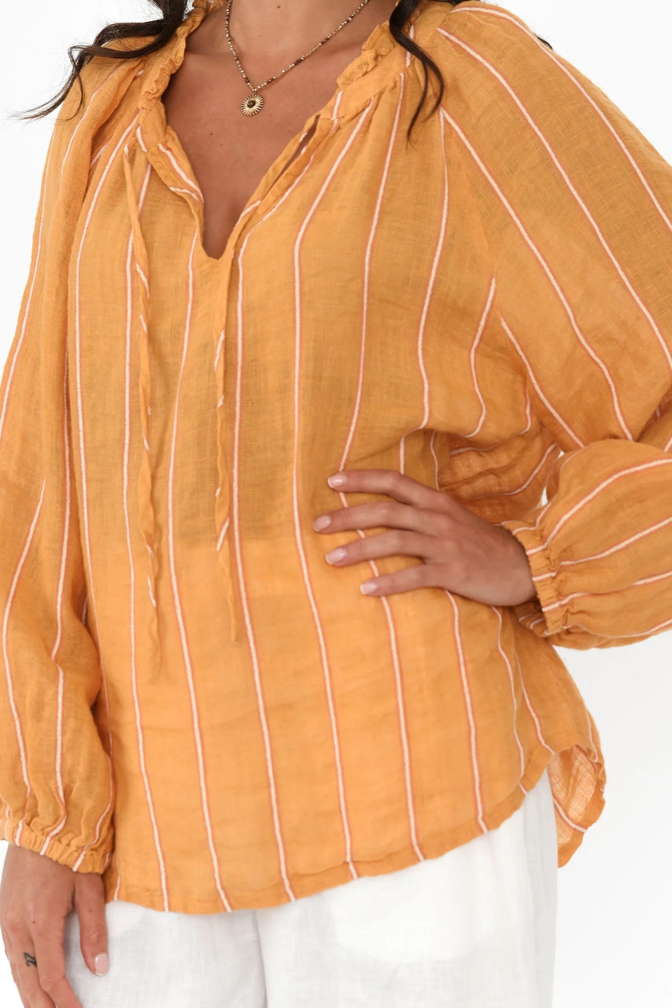 Sussana Mustard Stripe Linen Tie Top - Image 5