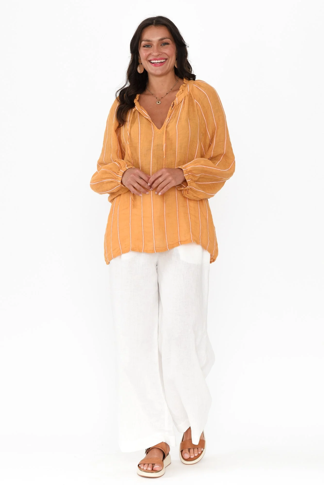 Sussana Mustard Stripe Linen Tie Top - Image 6
