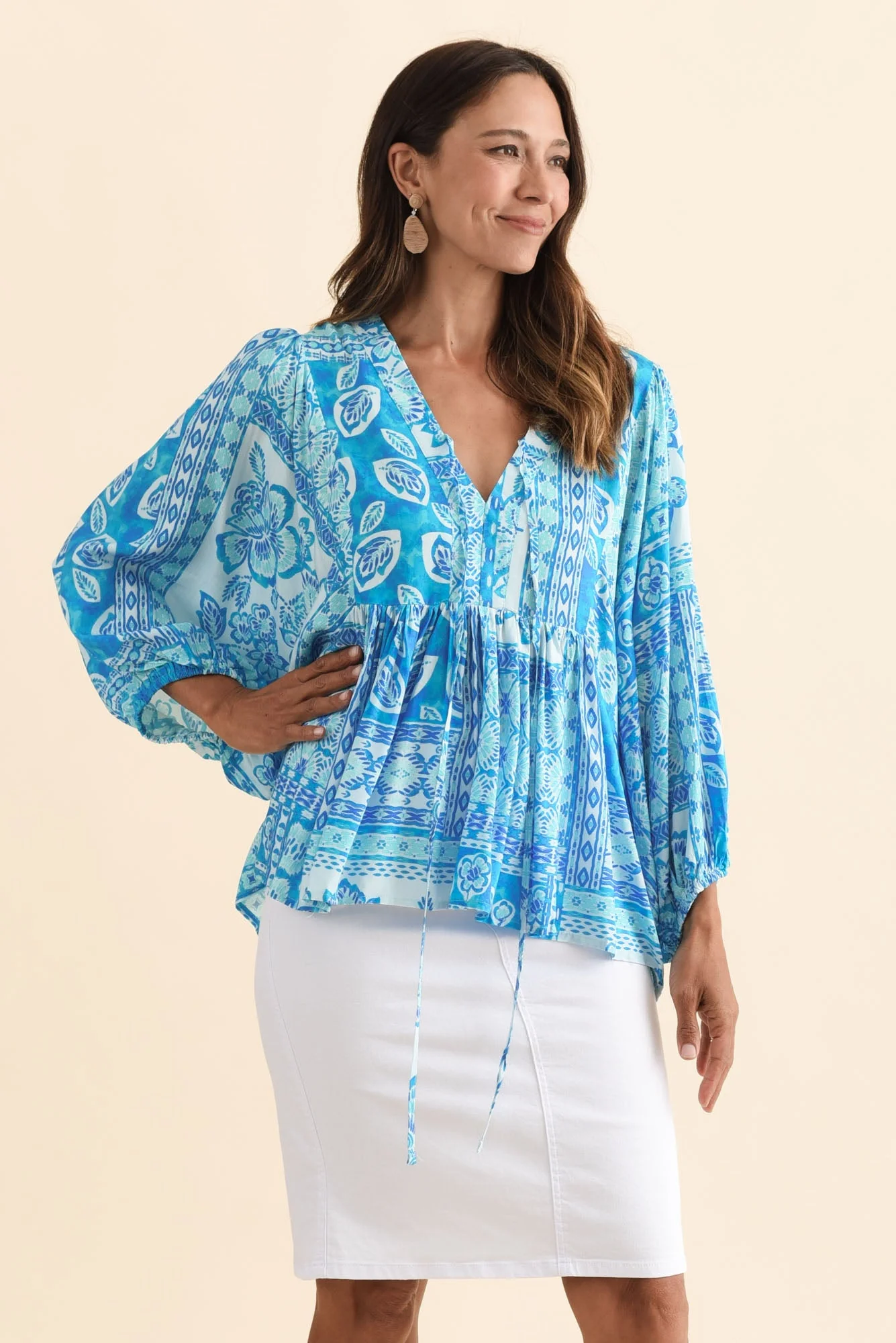 Tayler Blue Mosaic Puff Sleeve Top - Image 3