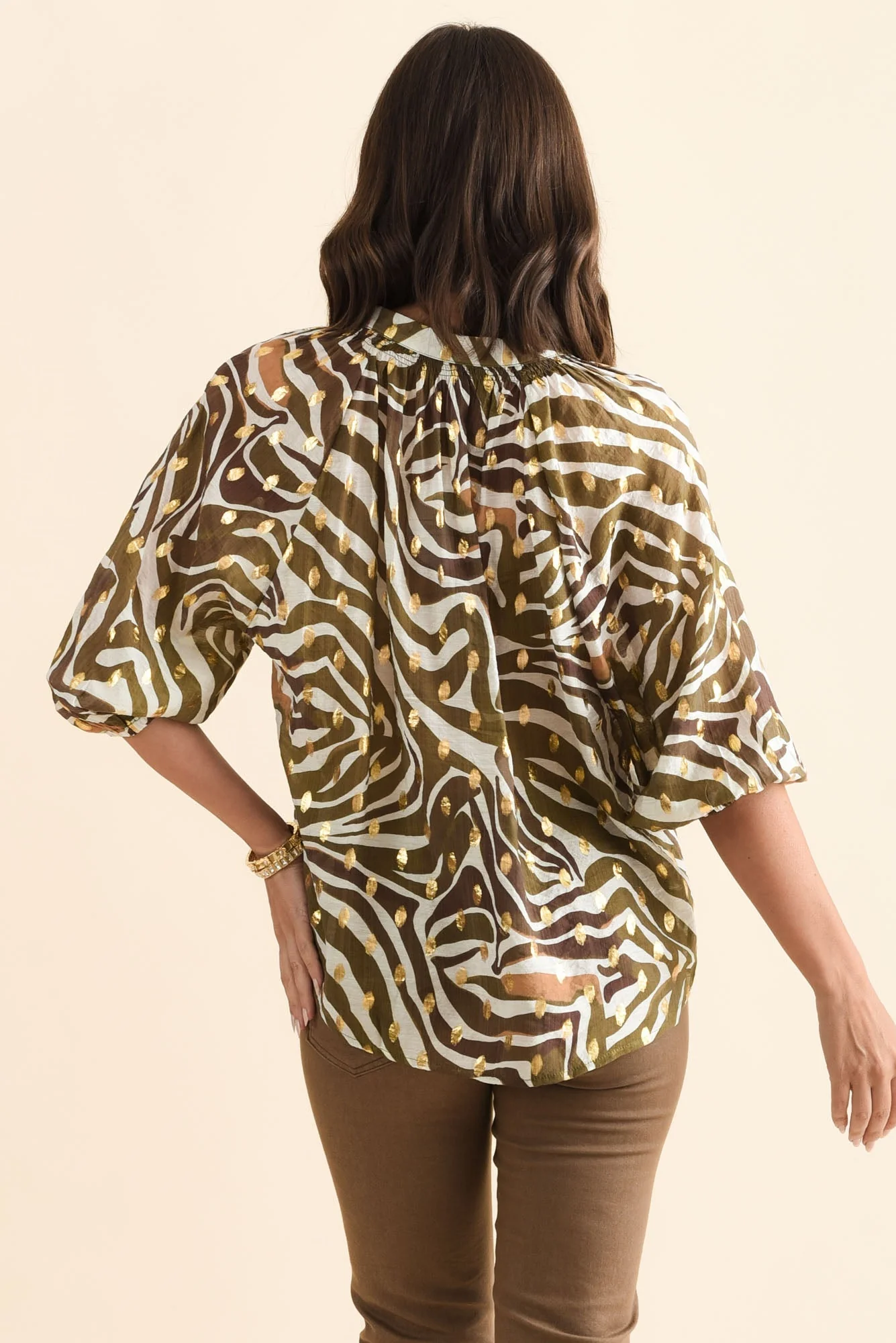 Theo Khaki Swirl Cotton Blend Blouse - Image 4
