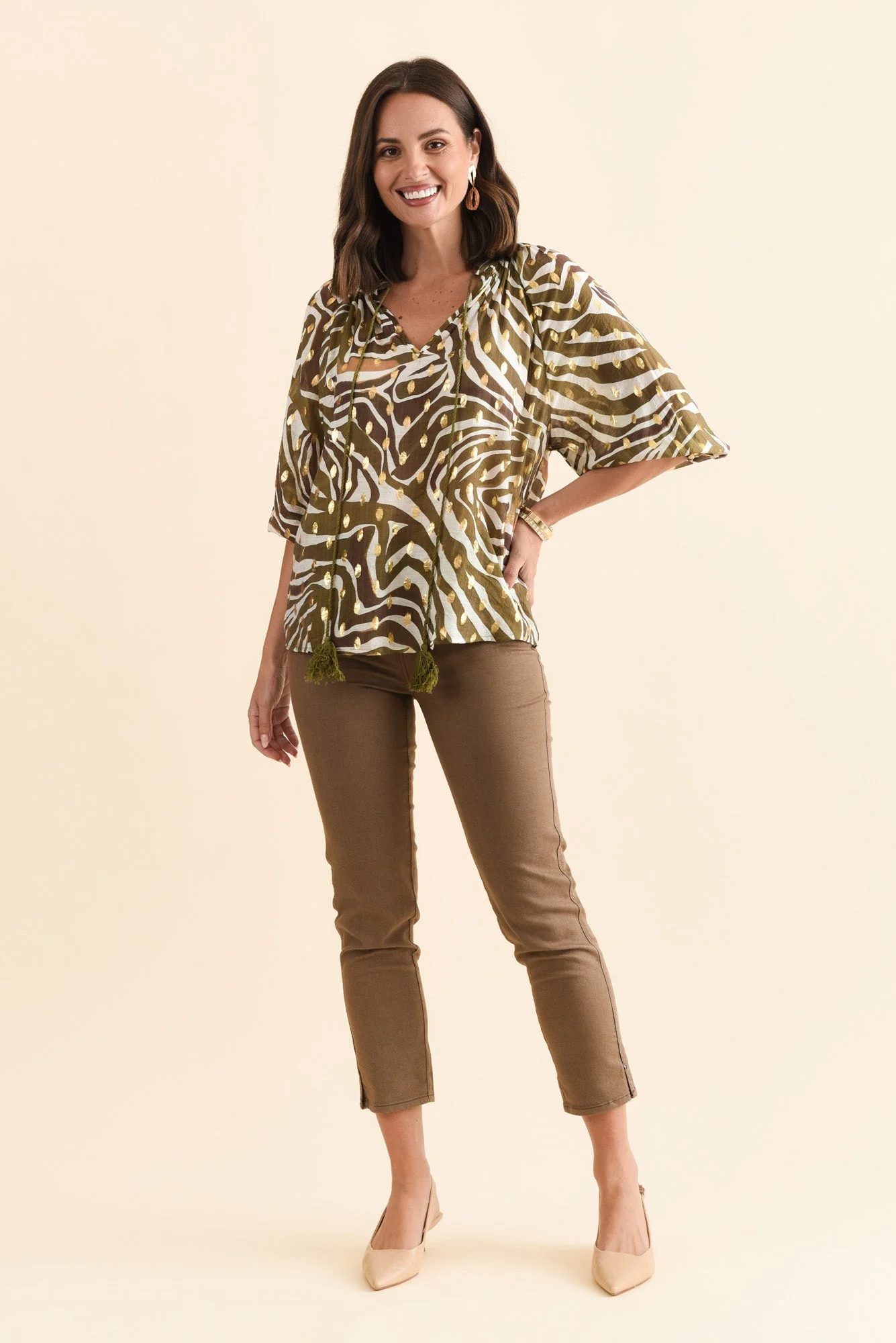 Theo Khaki Swirl Cotton Blend Blouse - Image 6
