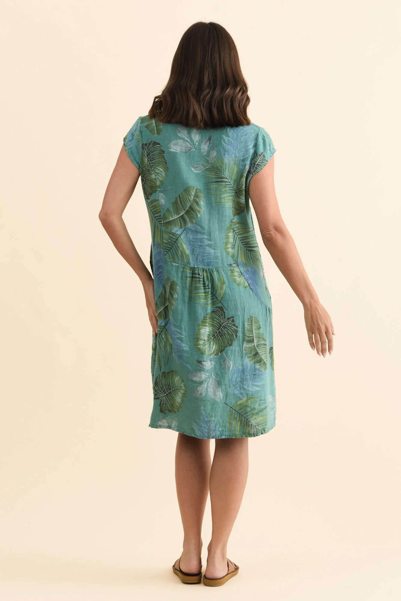 Tina Teal Palm Linen Pocket Dress - Image 4