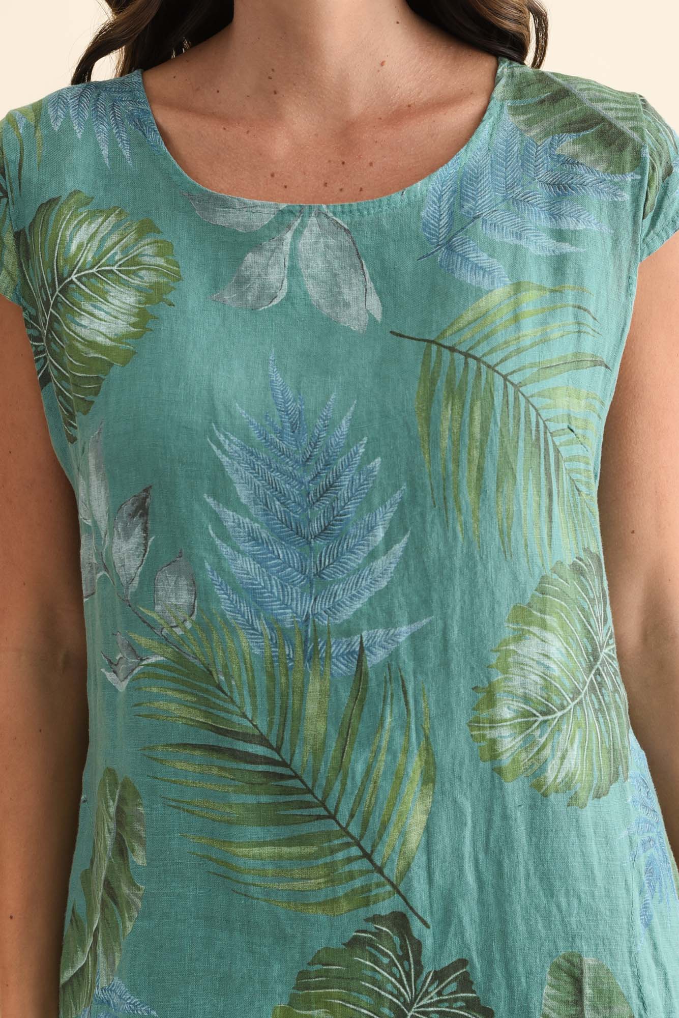 Tina Teal Palm Linen Pocket Dress - Image 5