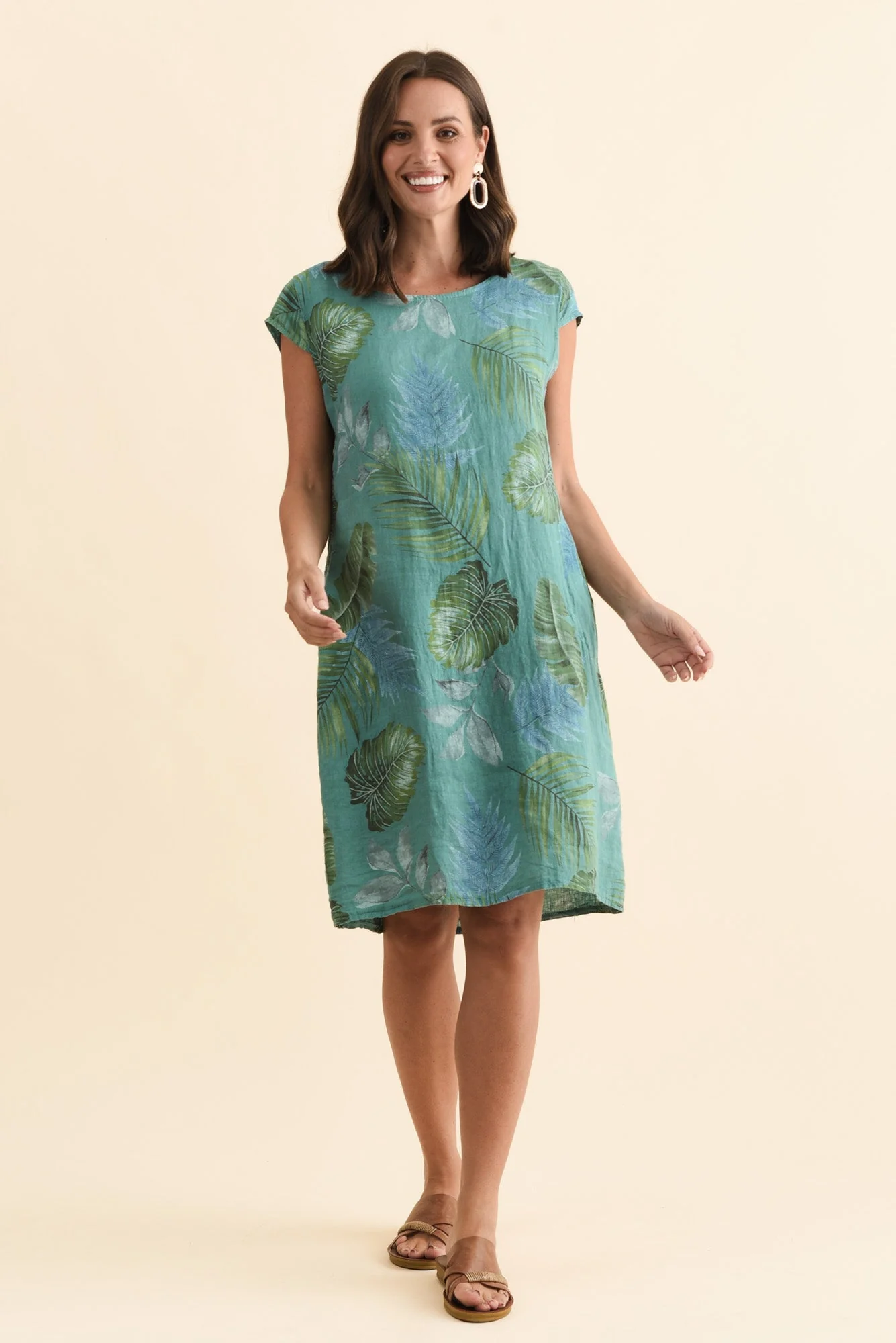 Tina Teal Palm Linen Pocket Dress - Image 6